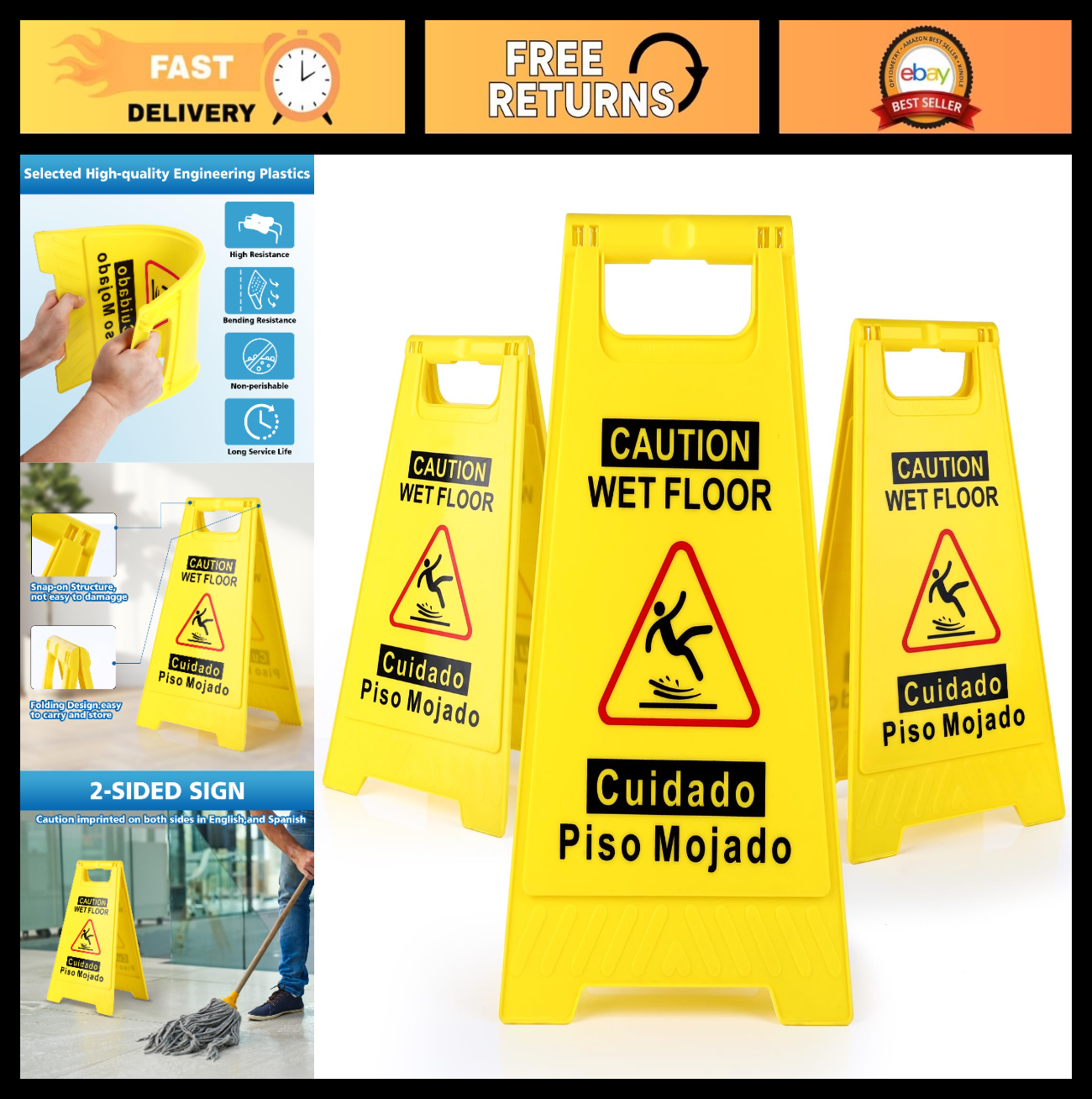 3 Pack Wet Floor Signs   17.5" Yellow Double Sided A Frame, Bilingual Caution Me0