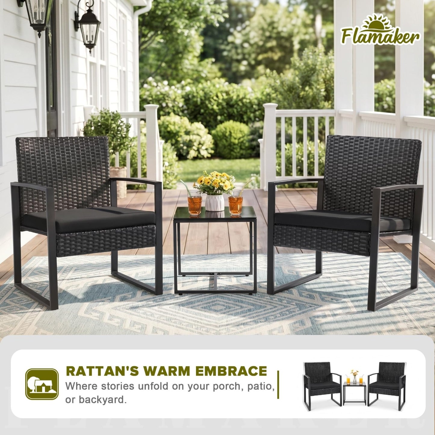 3 Piece Outdoor Wicker Patio Furniture Set | Modern Rattan Bistro Chairs & Table3