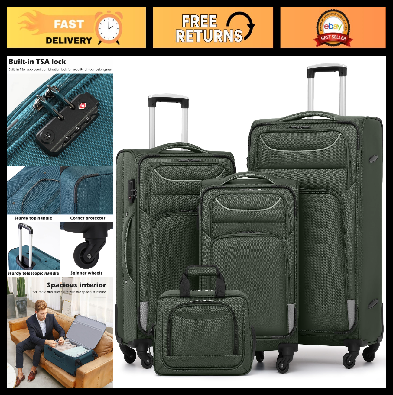 4-Piece Softshell Luggage Set with TSA Lock, Spinner Wheels & Tote - Durable Tra0