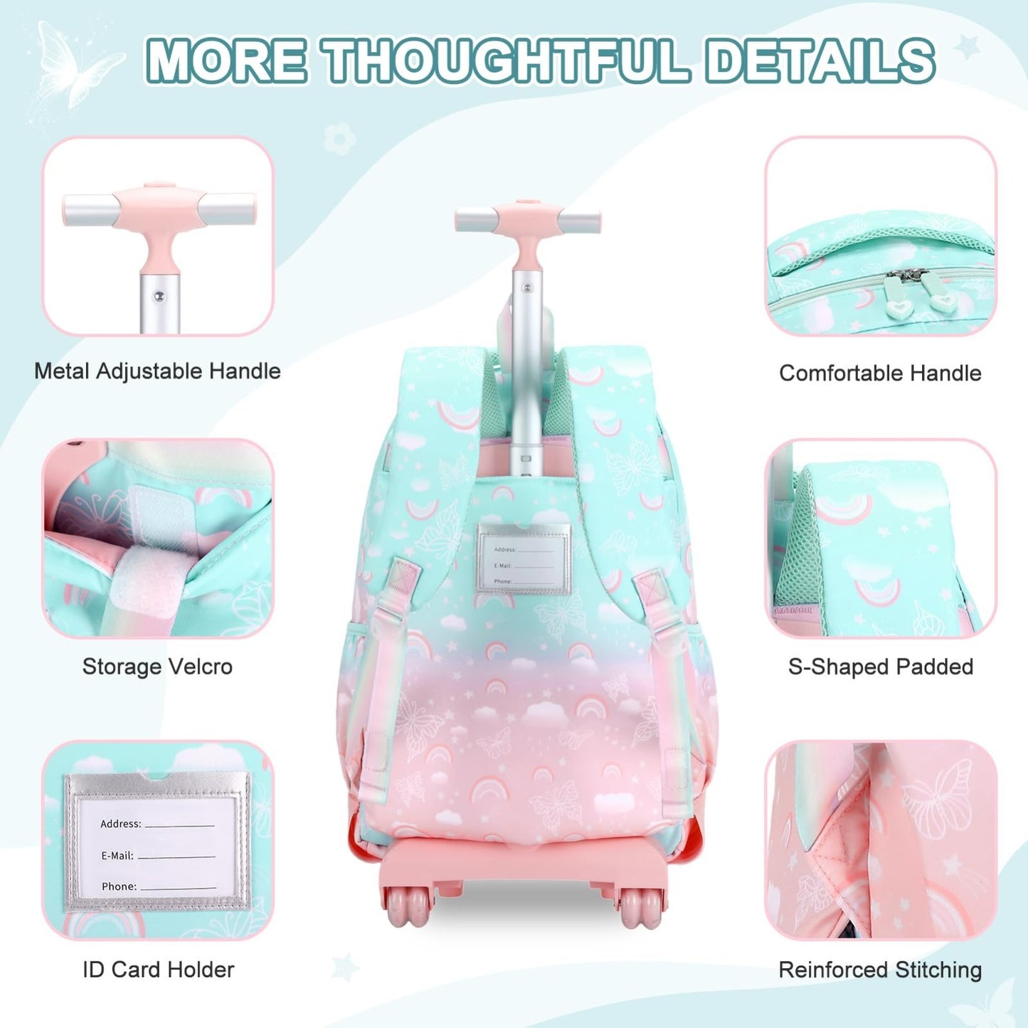 Rainbow Butterfly Rolling Backpack Set for Girls with Lunch Box   3PCS (Green Pi5