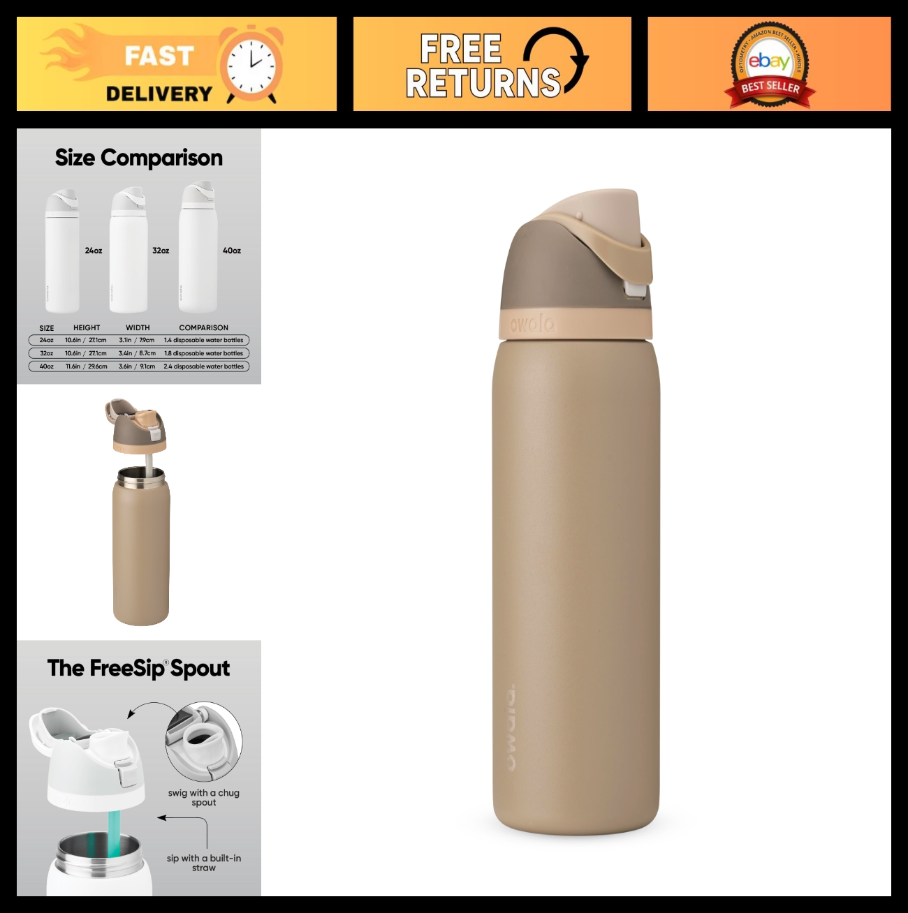 32oz Stainless Steel Water Bottle with FreeSip   Grey/Brown Eco Friendly Design0
