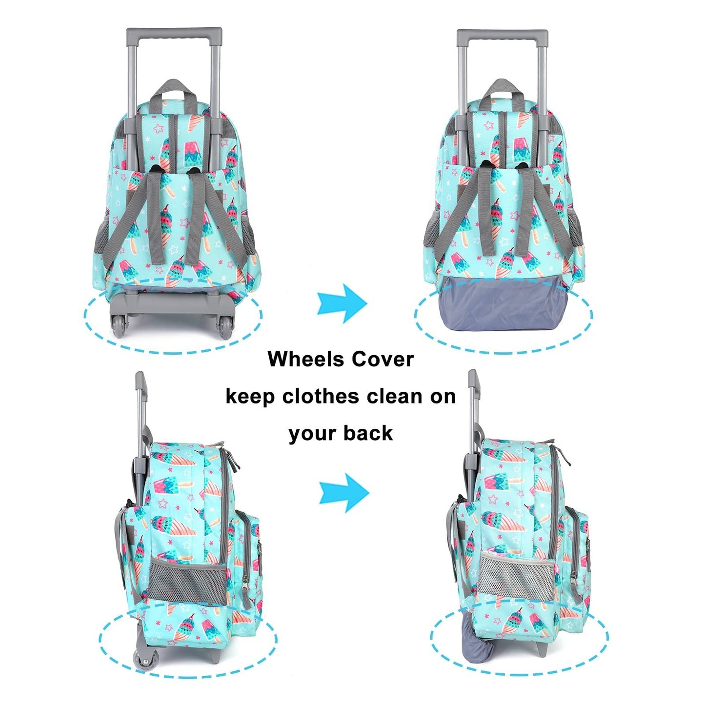Wheeled Kids Backpack 18" with Lunch Bag, Double Handle, Ice Cream Green, Girls4
