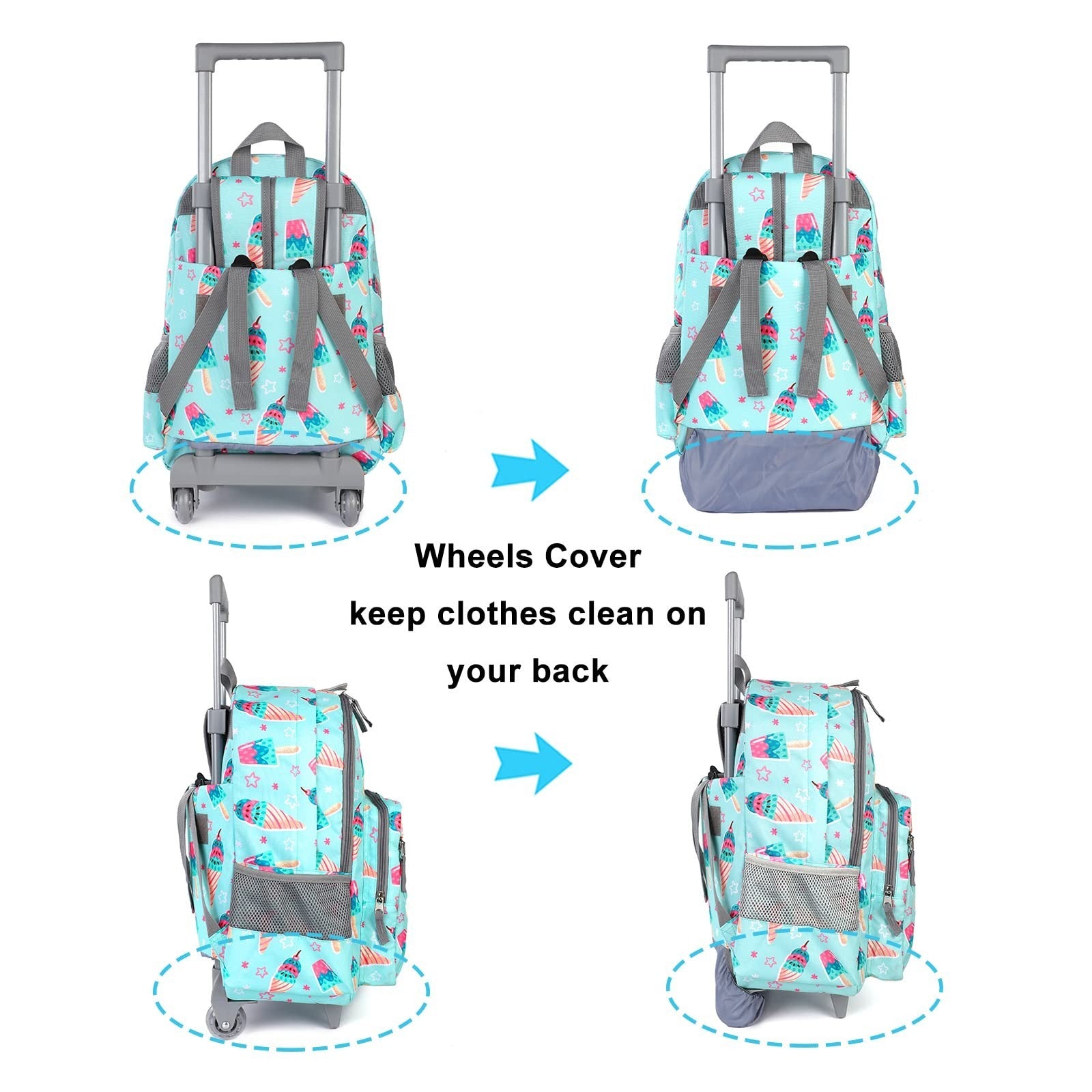 Wheeled Kids Backpack 18" with Lunch Bag, Double Handle, Ice Cream Green, Girls4