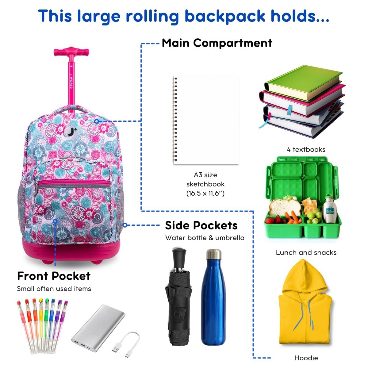 Rolling Backpack for Kids, 18" Lightweight Travel Bag, Blue Raspberry, School &3