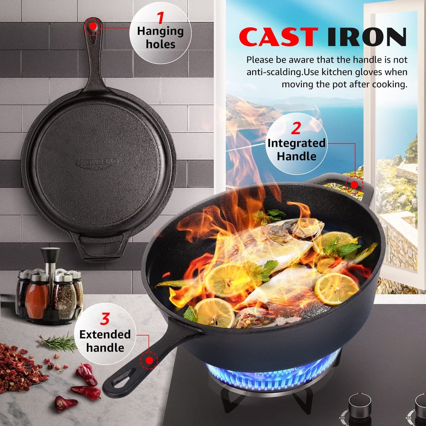 Pre-Seasoned Cast Iron Skillet & Dutch Oven Combo - 3.2QT Multi-Cooker Pot5