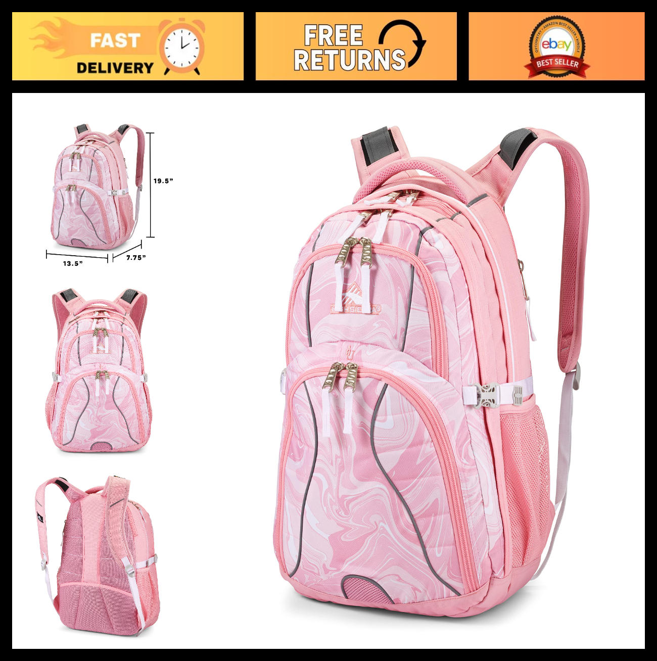 Stylish Pink Marble Daypack Backpack   Bubblegum Pink, One Size, Perfect for Sch0