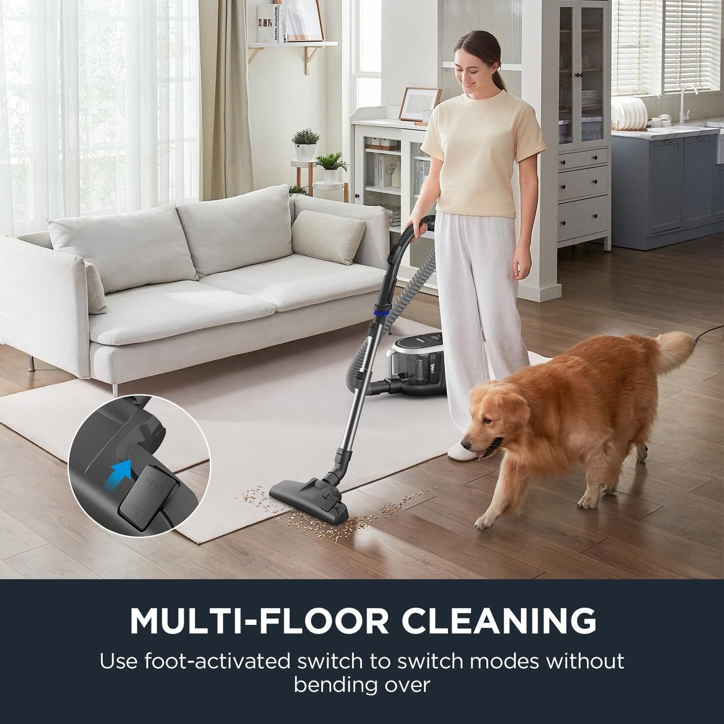 Lightweight Bagless Canister Vacuum Cleaner for Hardwood & Carpet, HEPA, Auto Co5