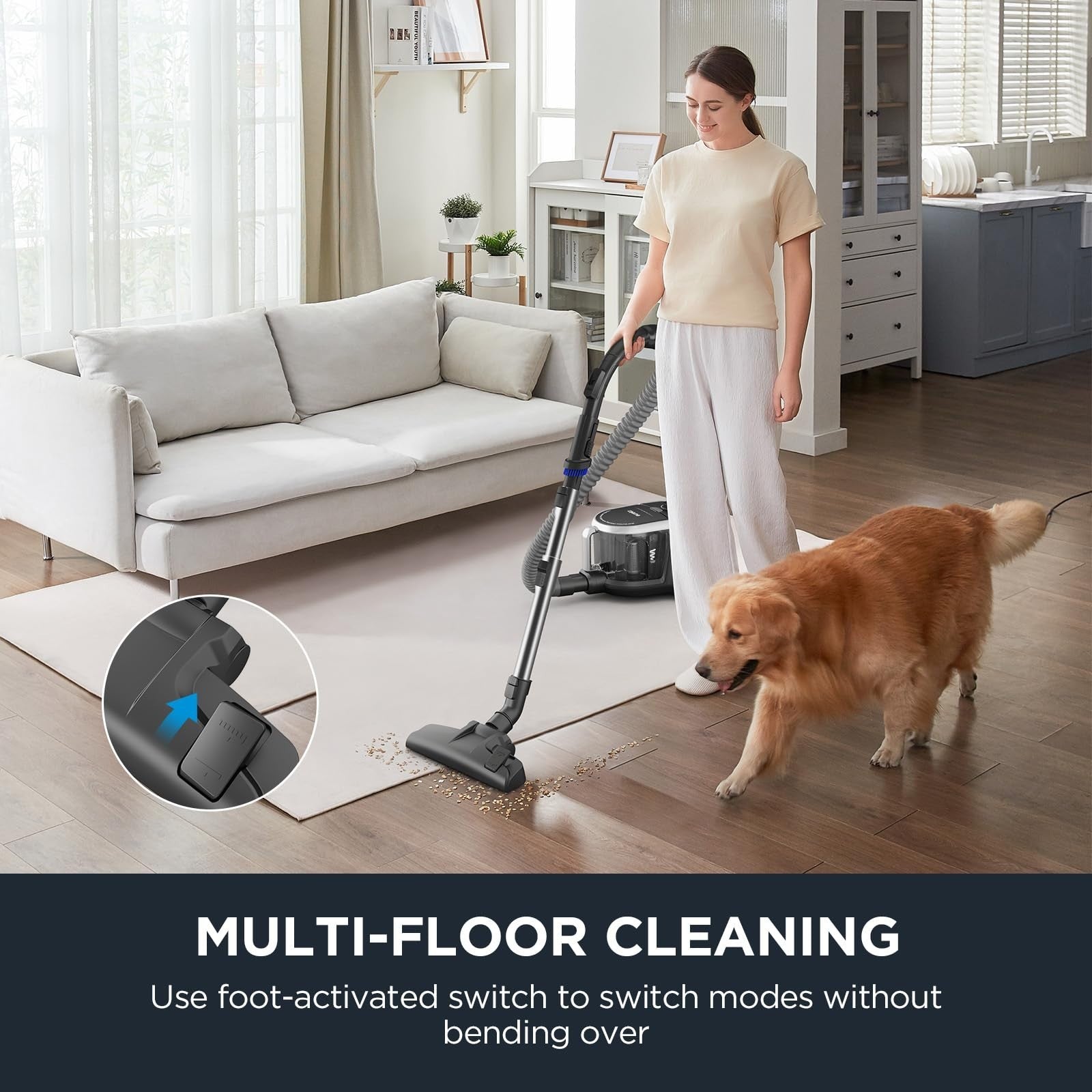 Lightweight Bagless Canister Vacuum Cleaner for Hardwood & Carpet, HEPA, Auto Co5