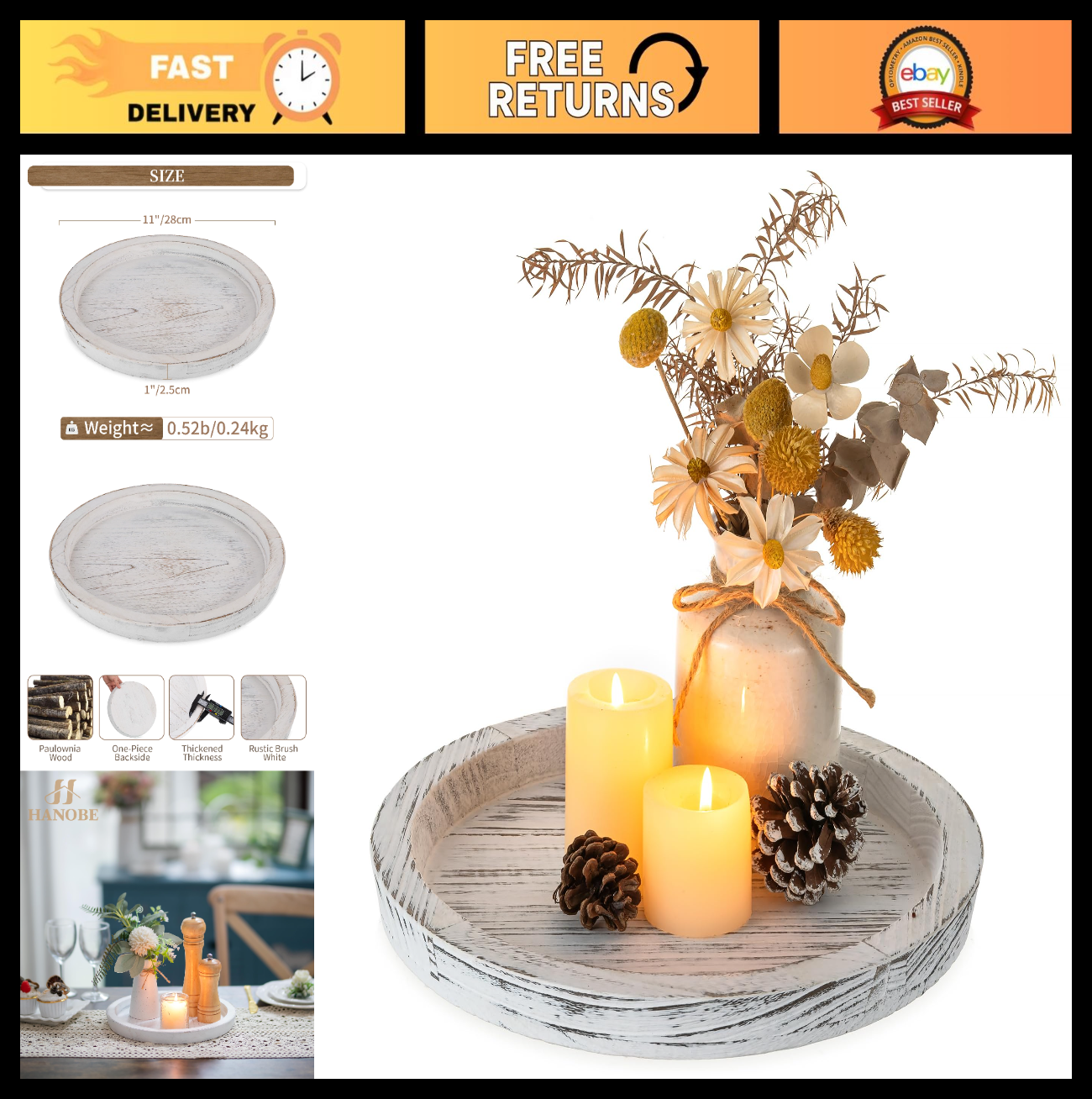 Rustic Wooden Coffee Table Tray - Round Decorative Serving Plate with Candle Hol0
