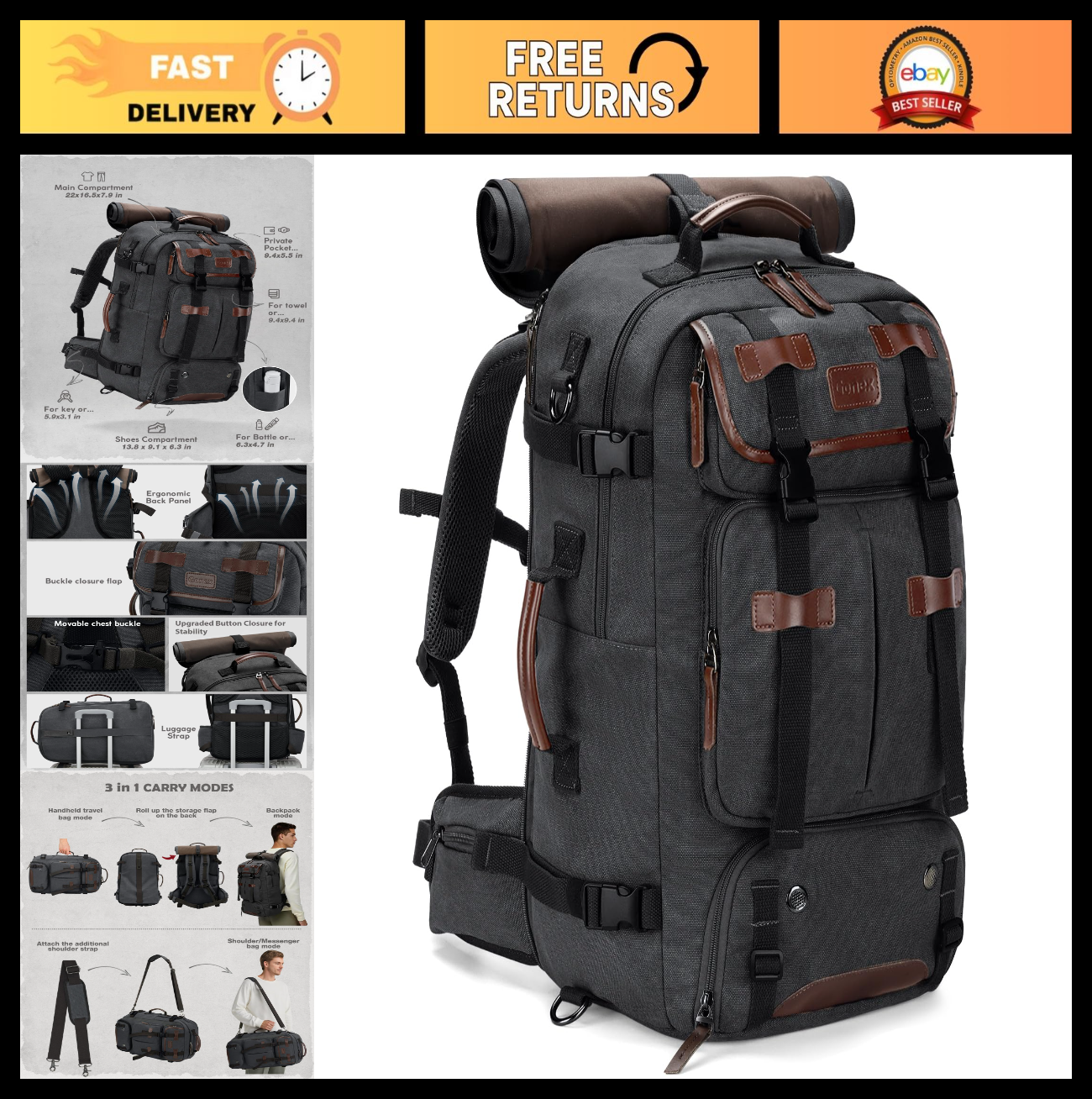 40L Convertible Laptop Backpack, Airline Approved, Travel Friendly, Dark Grey0