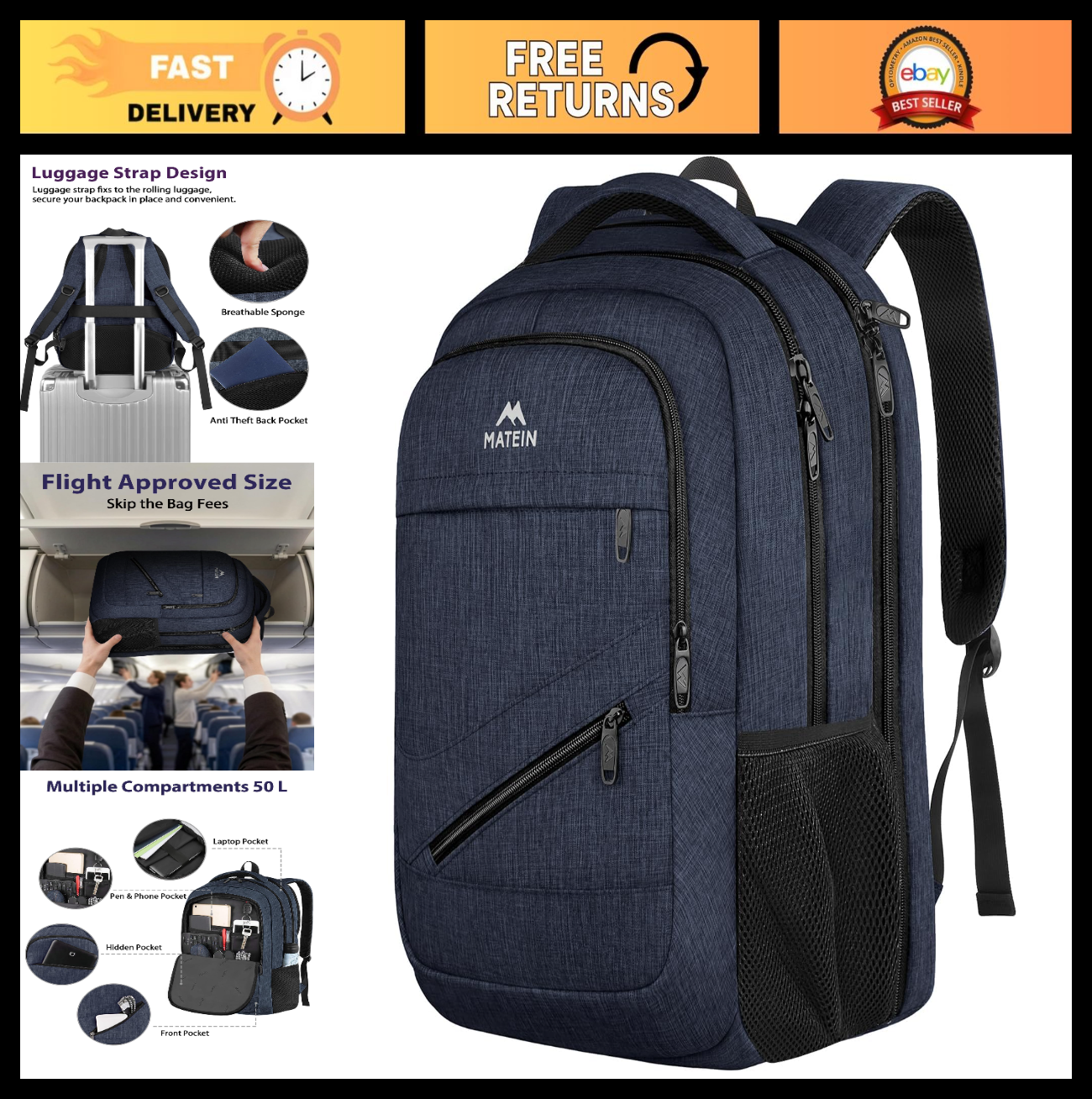 Extra Large Travel Laptop Backpack 50L for Men, Water Resistant Carry On Bag0