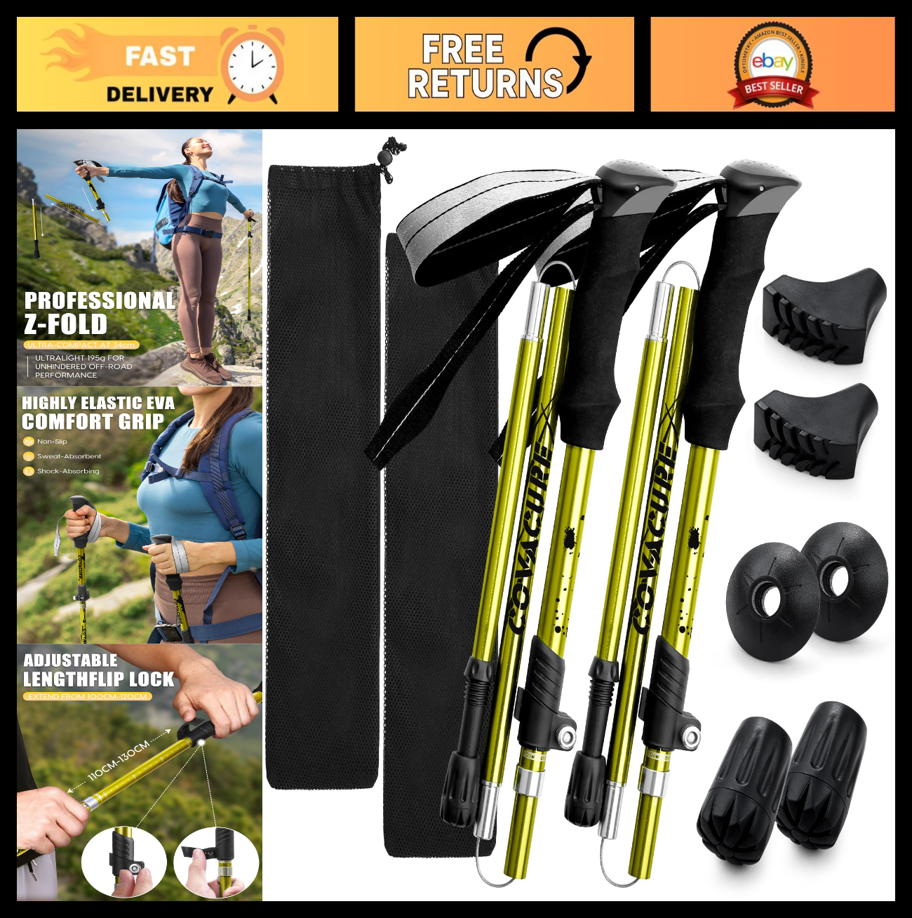 Collapsible Trekking Poles - Lightweight Aluminum Walking Sticks for Hiking, Cam0