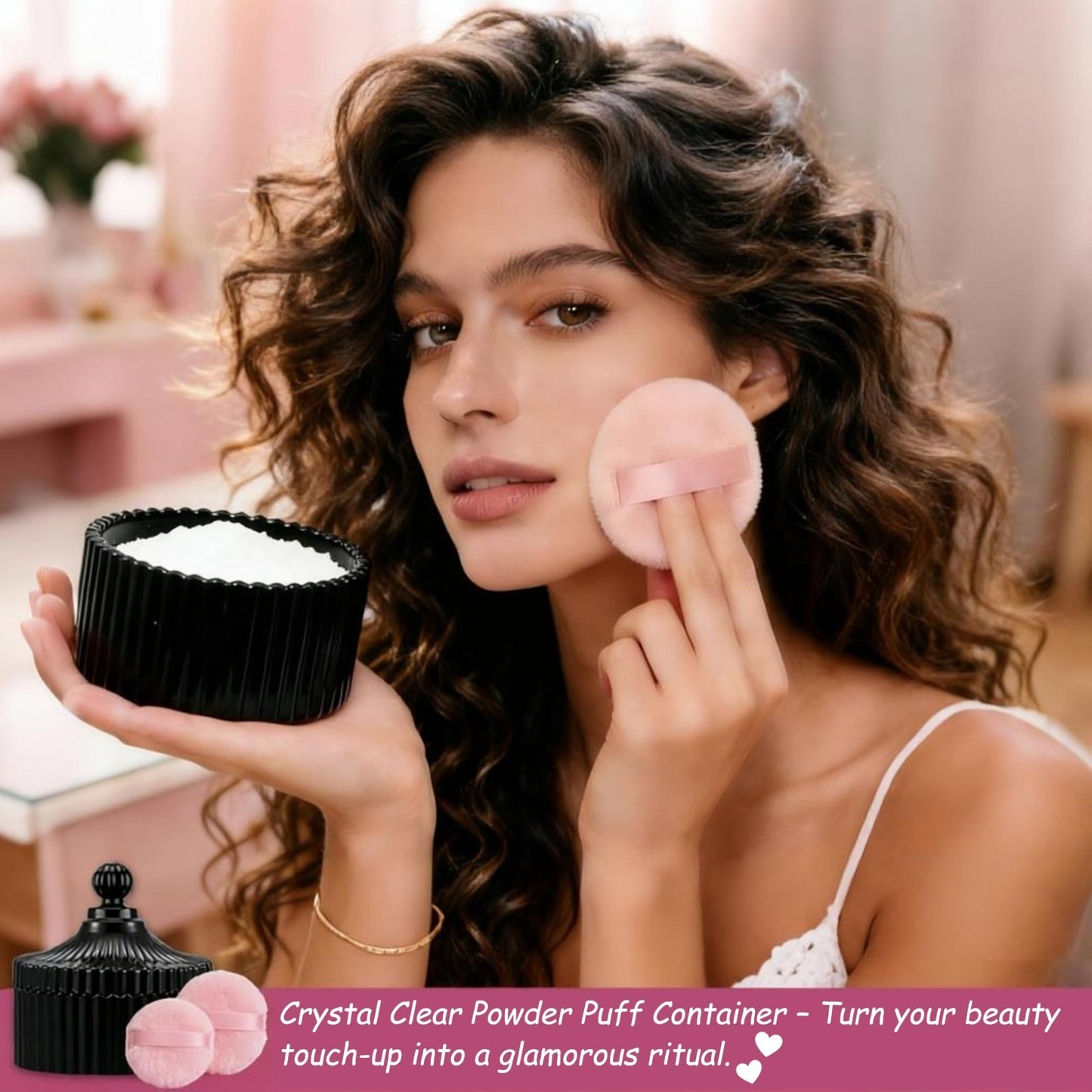 Large Glass Dusting Powder Jar Set 3Pcs with Soft Puffs - Reusable Makeup Gift3