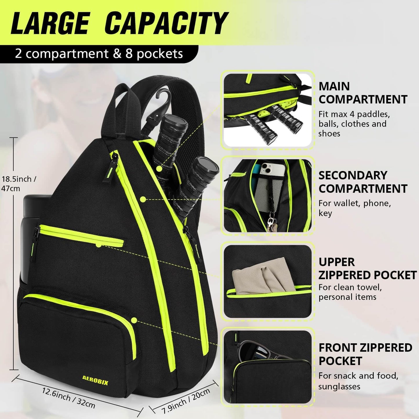 Large Capacity Pickleball Backpack - Padded Paddle Pocket, Adjustable Sling Bag2