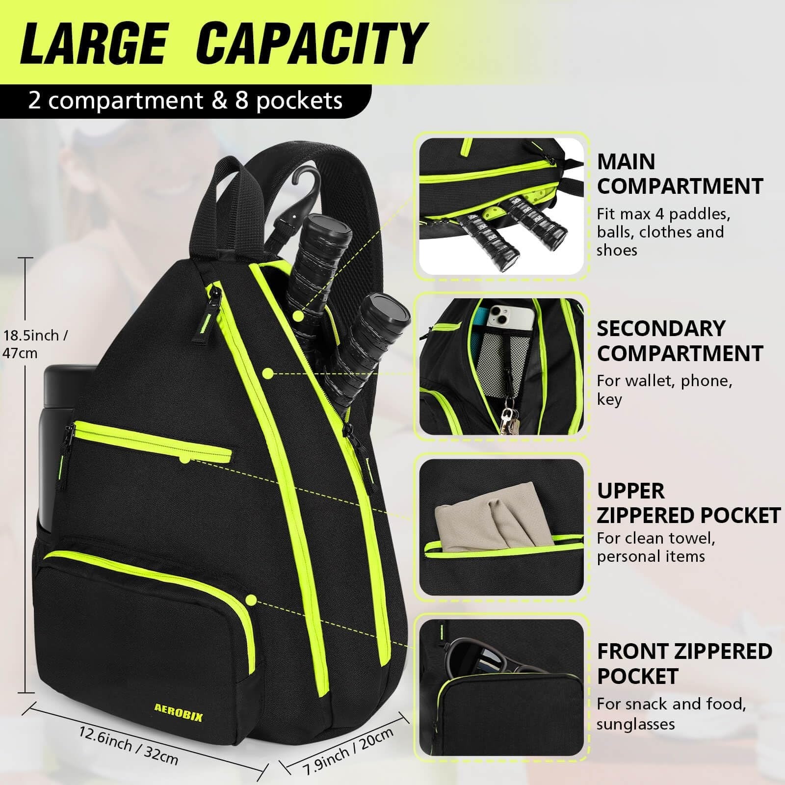Large Capacity Pickleball Backpack - Padded Paddle Pocket, Adjustable Sling Bag2