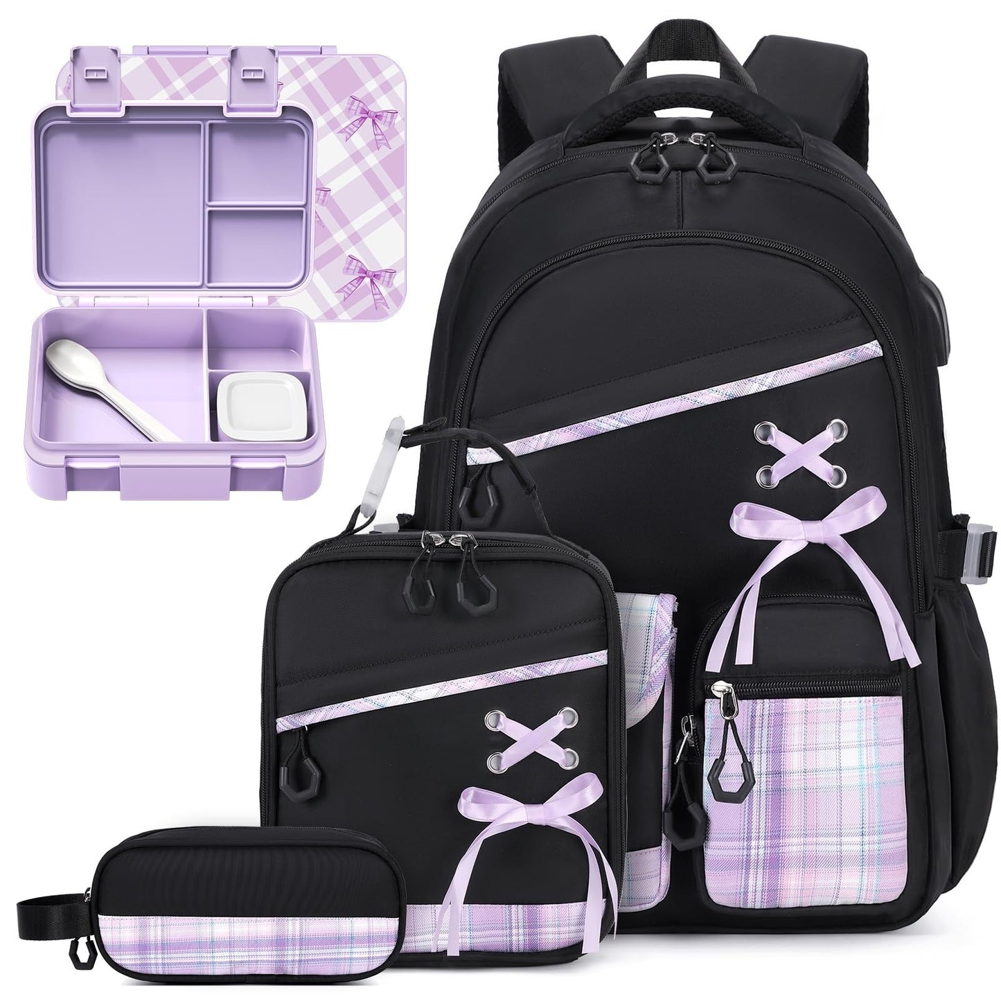 Girls' Backpacks Set   6PCS Plaid School Bag with Lunch Box & Pencil Pouch, Blac1