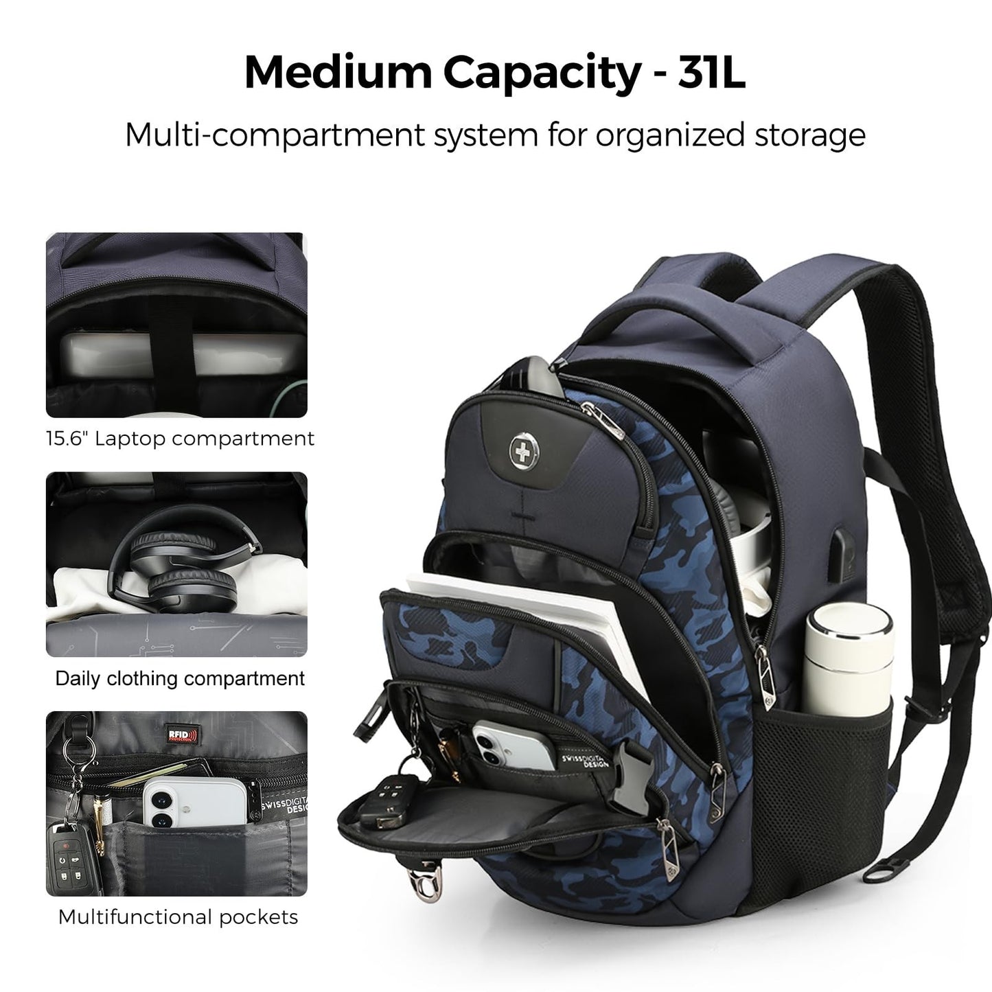 Travel Laptop Backpack with USB Charging Port, Fits 15.6" Computer, 31L, Blue Ca5