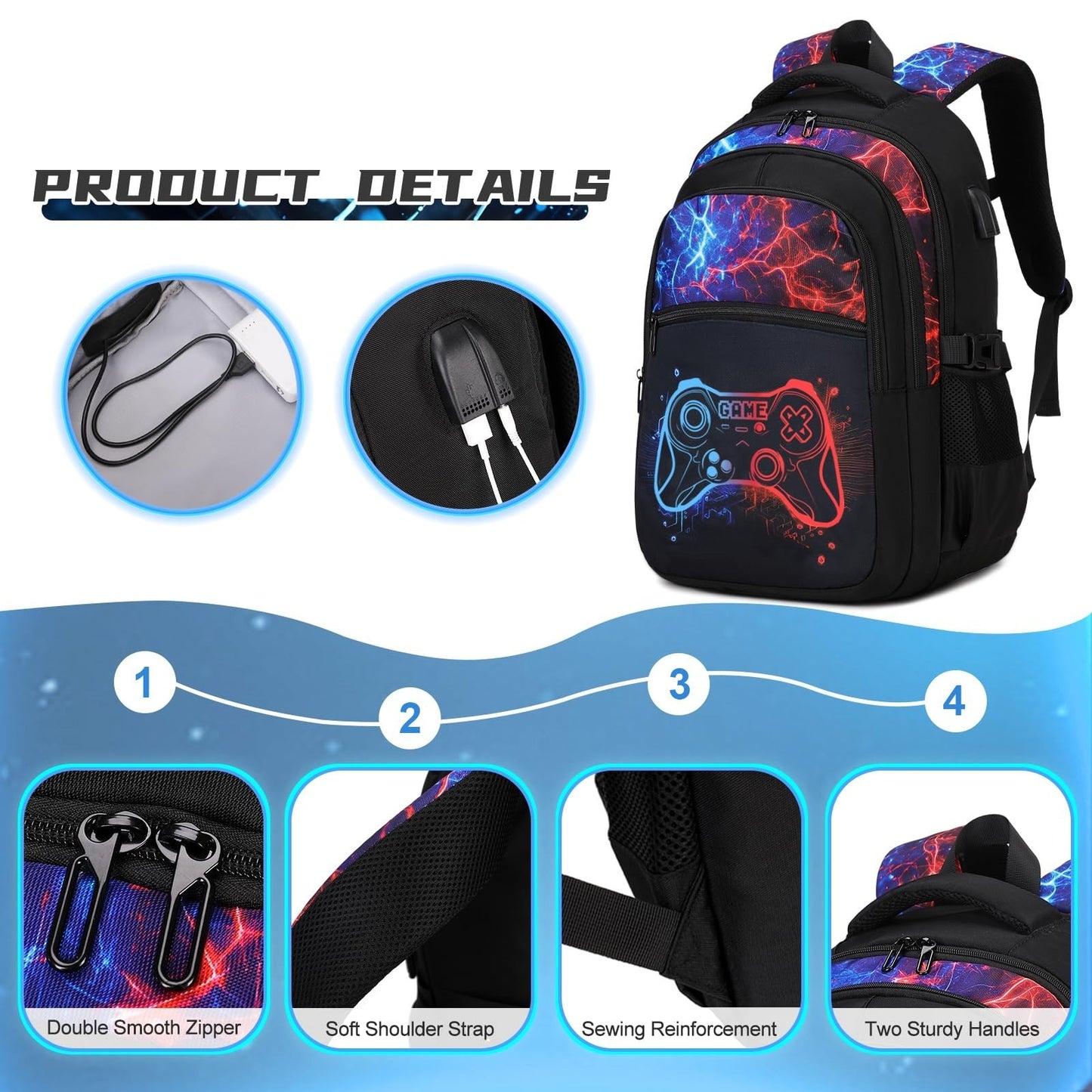 Cool Luminous Gamer Backpack Set for Boys, 6PCS with Insulated Water Bottle & Lu3