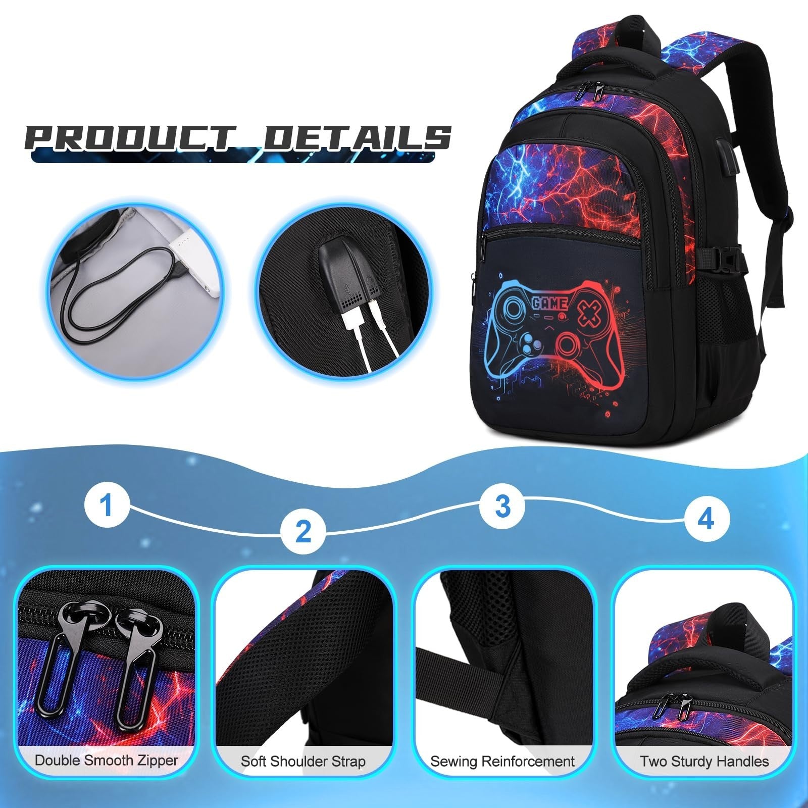 Cool Luminous Gamer Backpack Set for Boys, 6PCS with Insulated Water Bottle & Lu3