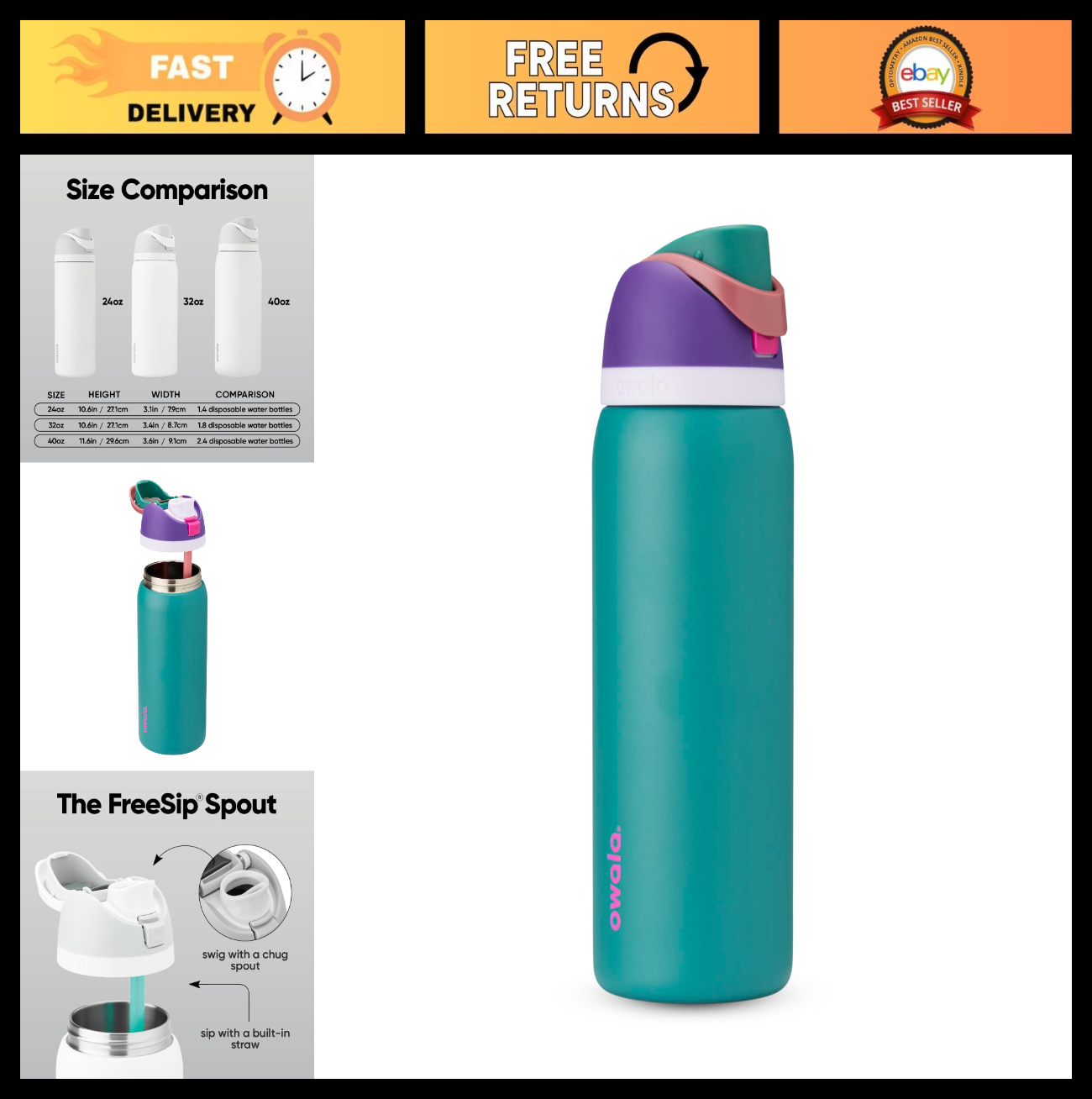 Stainless Steel Water Bottle 32oz   FreeSip Design   Purple/Blue 80s Ski Style0
