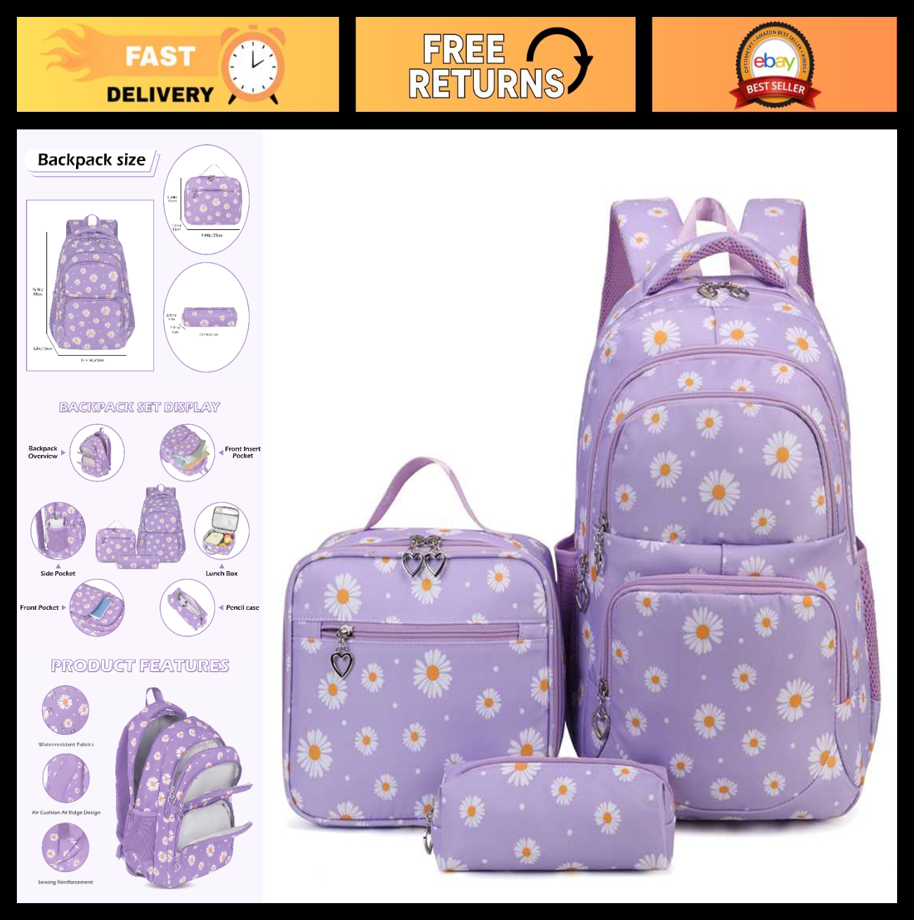 Daisy Printed Girls Backpack Set   3PC with Lunch Box & Pencil Case, Lightweight0