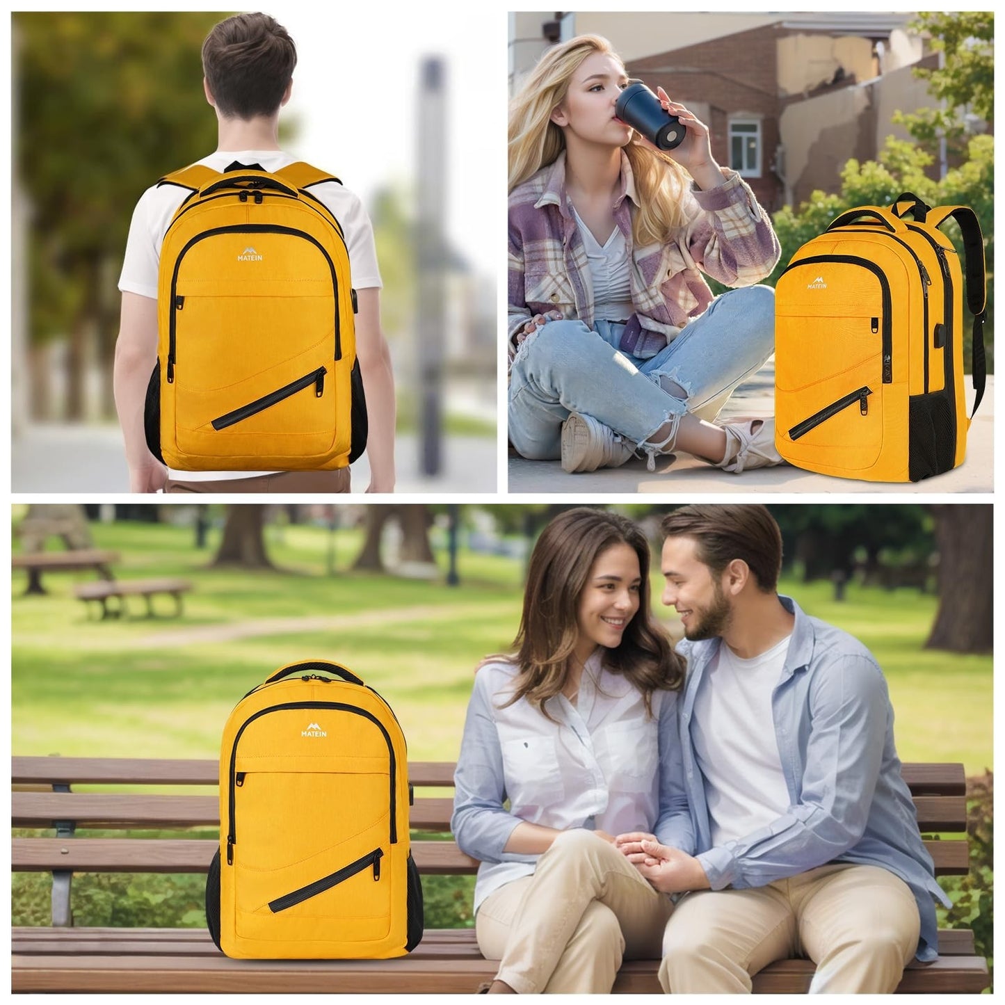 Water Resistant Yellow Backpack for Women, 17" Travel Carry On Bag, Stylish & Du7