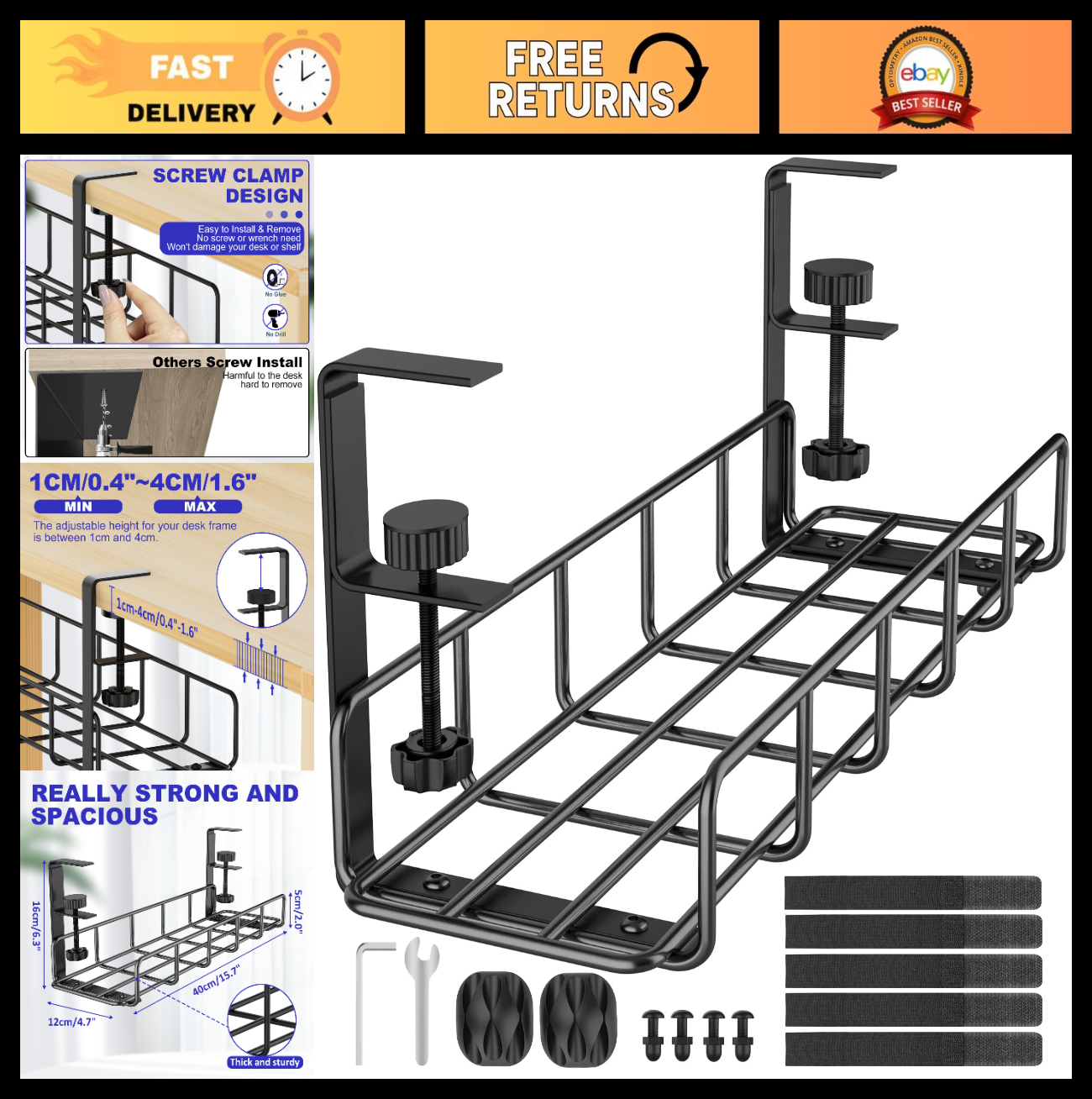 Under Desk Cable Management Tray   No Drill Steel Wire Organizer, 15.7” Clamp Mo0