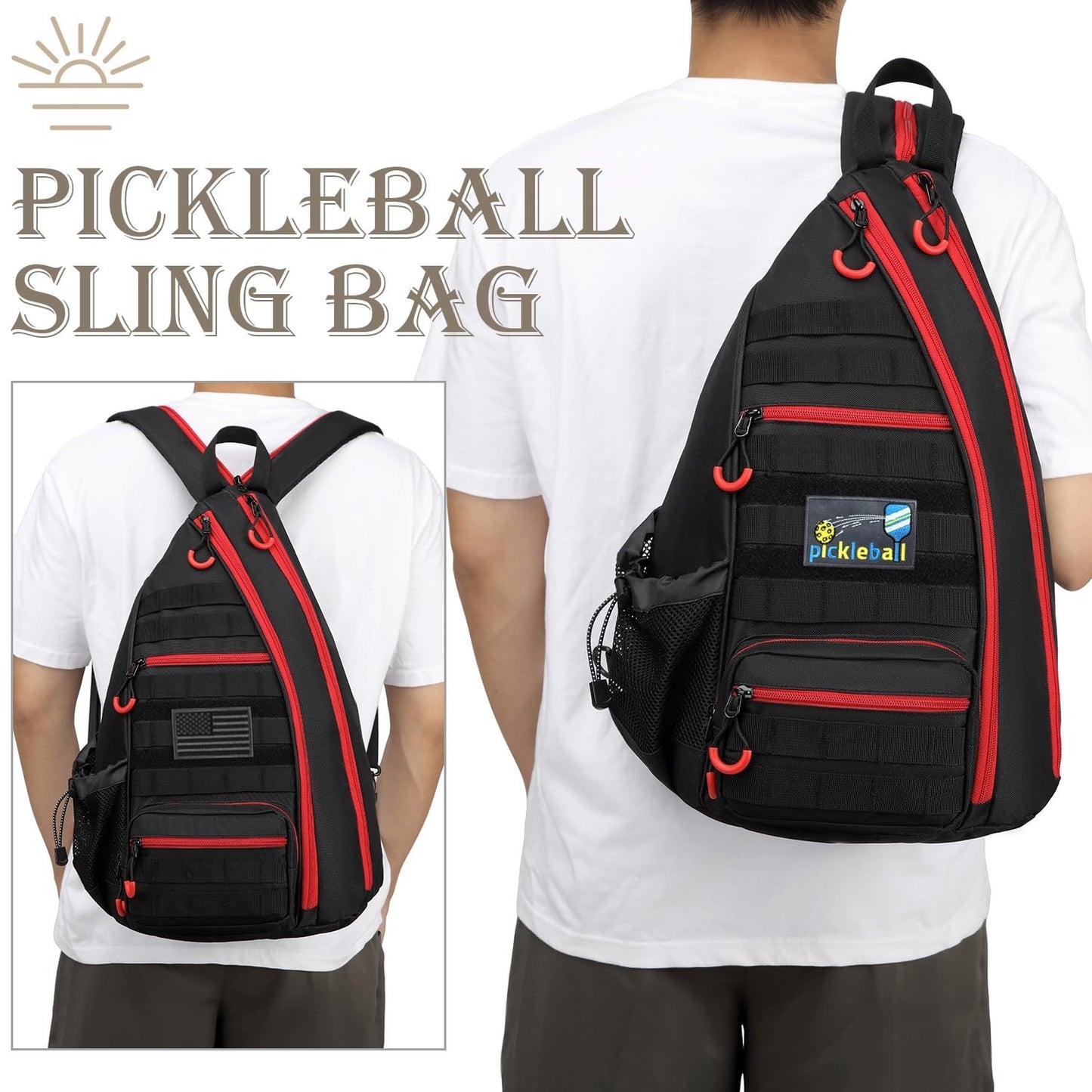 Tactical Pickleball Backpack with Adjustable Sling, Fence Hook & Water Bottle Ho5