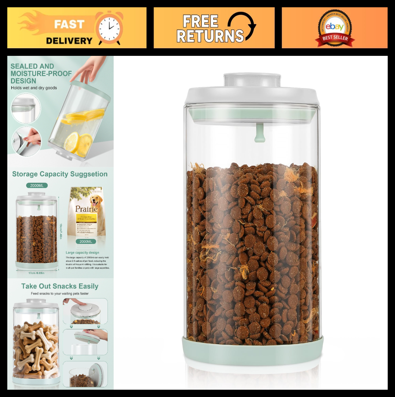 Airtight Glass Pet Food Storage Container, 2L Dog Cat Treat Jar, Durable & Seale0
