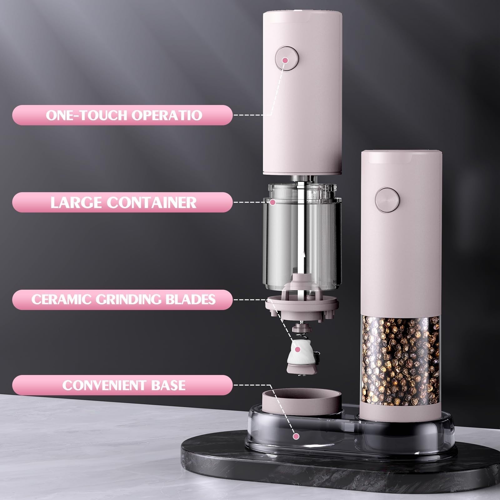 Automatic Salt and Pepper Grinder Set   Large Capacity, Pink   Perfect Housewarm6