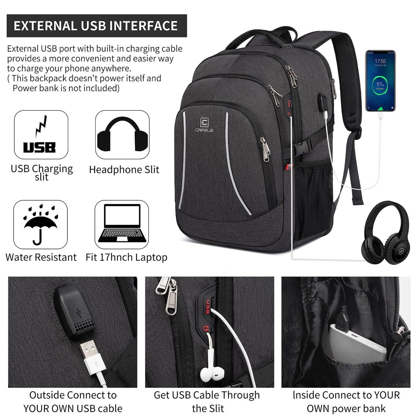 Durable 17.3" Travel Laptop Backpack, RFID Anti Theft, Water Resistant, Grey2