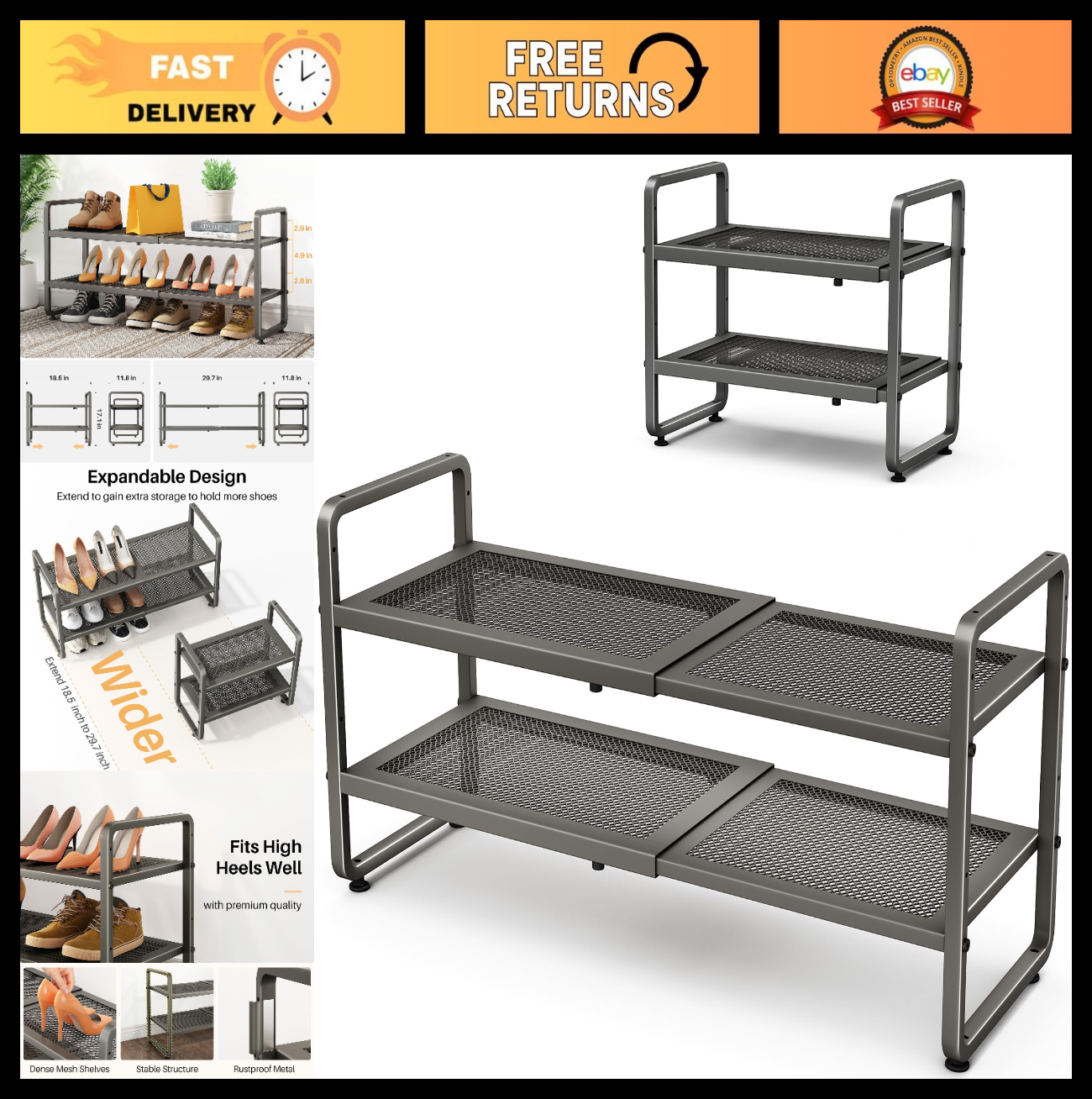 Expandable Shoe Rack Organizer   Adjustable Metal Storage Shelf, Stackable 2 Tie0