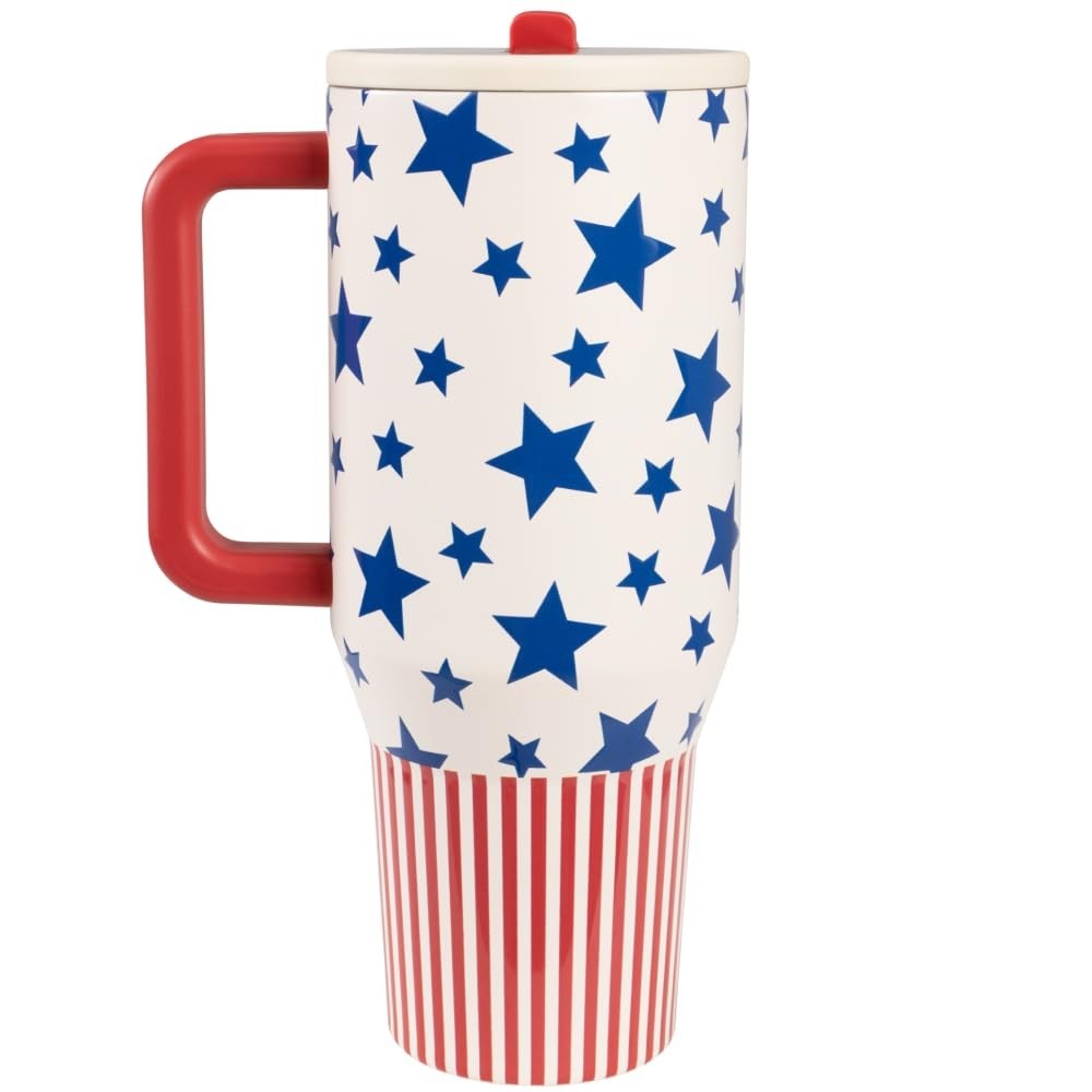 40oz Insulated Tumbler with Handle & Straw, Travel Mug, Americana Design3