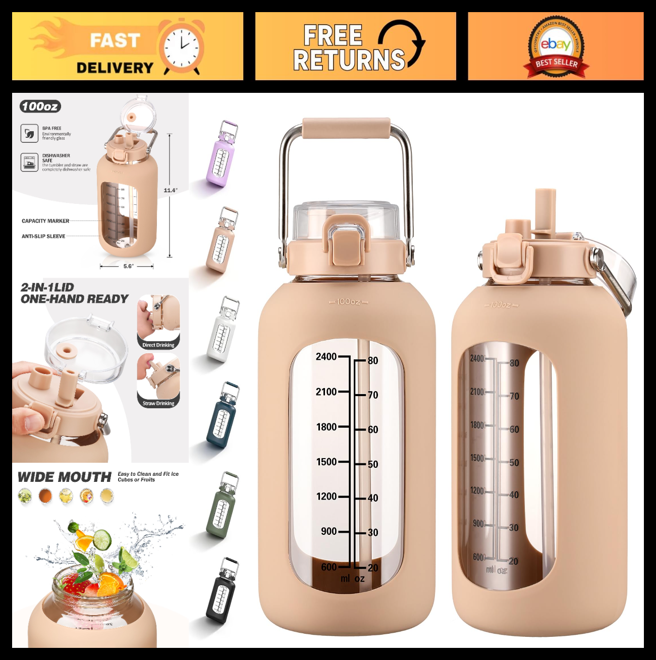 100oz BPA-Free Glass Water Bottle with Time Marker & Silicone Sleeve - 3L Gallon0