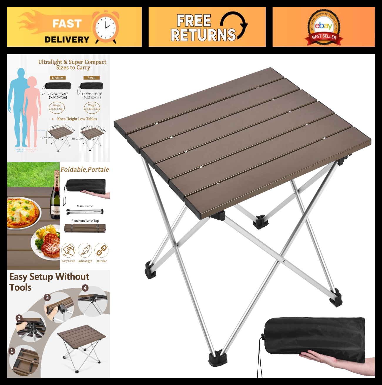Portable Folding Camping Table - Lightweight Aluminum Top for Outdoor BBQ, Picni0