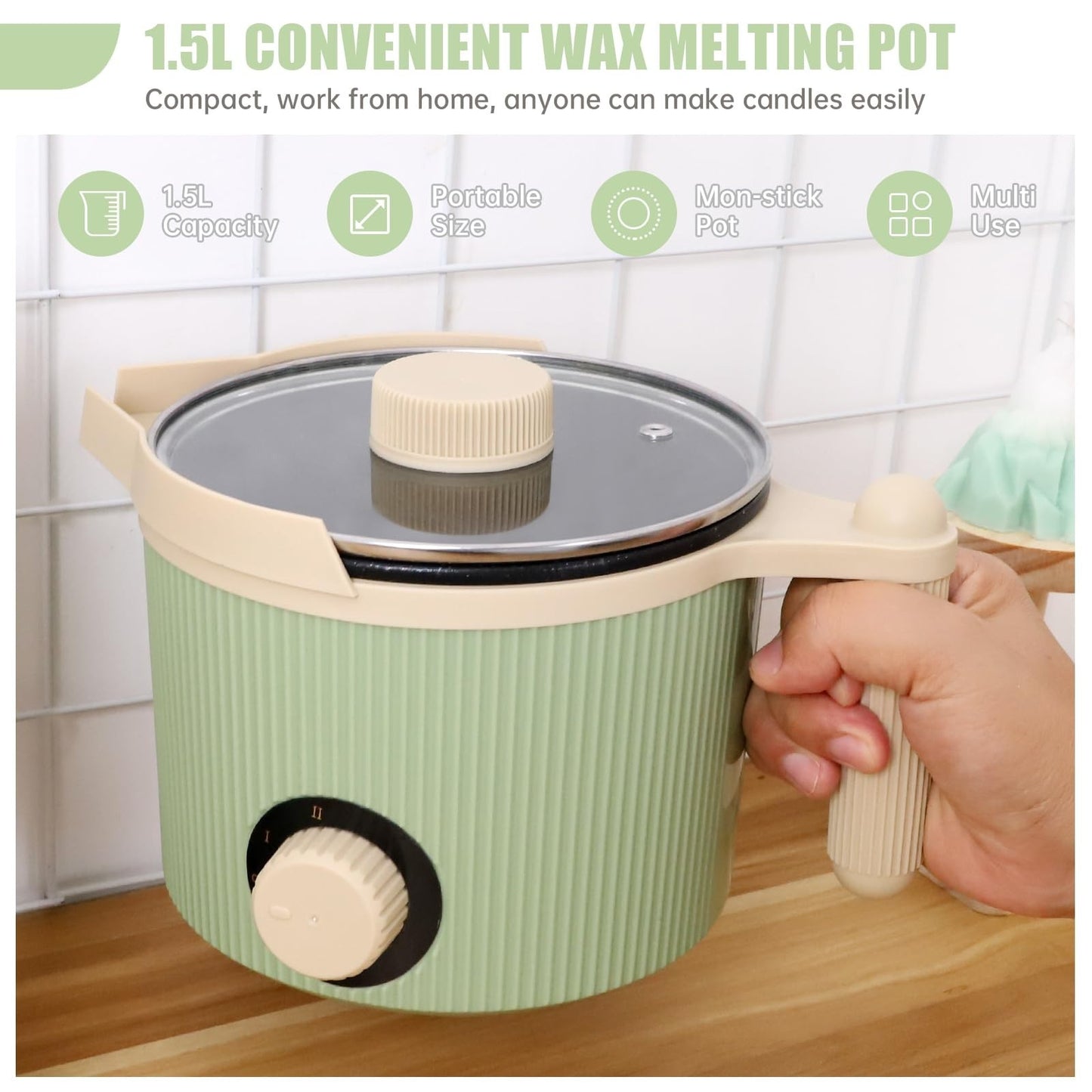 3Lbs Green Wax Melting Pot for Candle Making - Handheld, Non-Stick, Easy Pour2