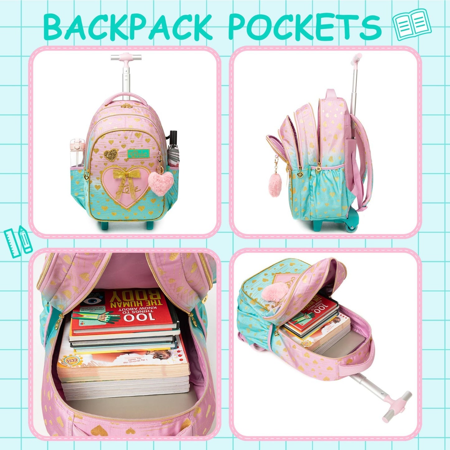 Rolling Kids Backpack with Wheels & Lunch Box   Travel Suitcase for Girls 6 83