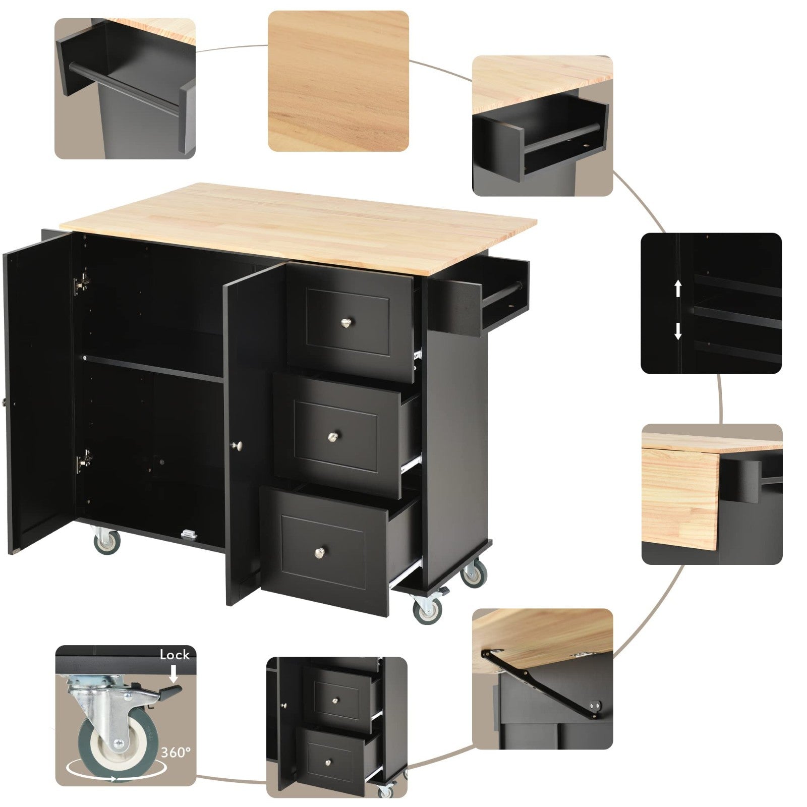 Mobile Kitchen Island with Solid Wood Top, Locking Wheels, Storage & Drop Leaf B4