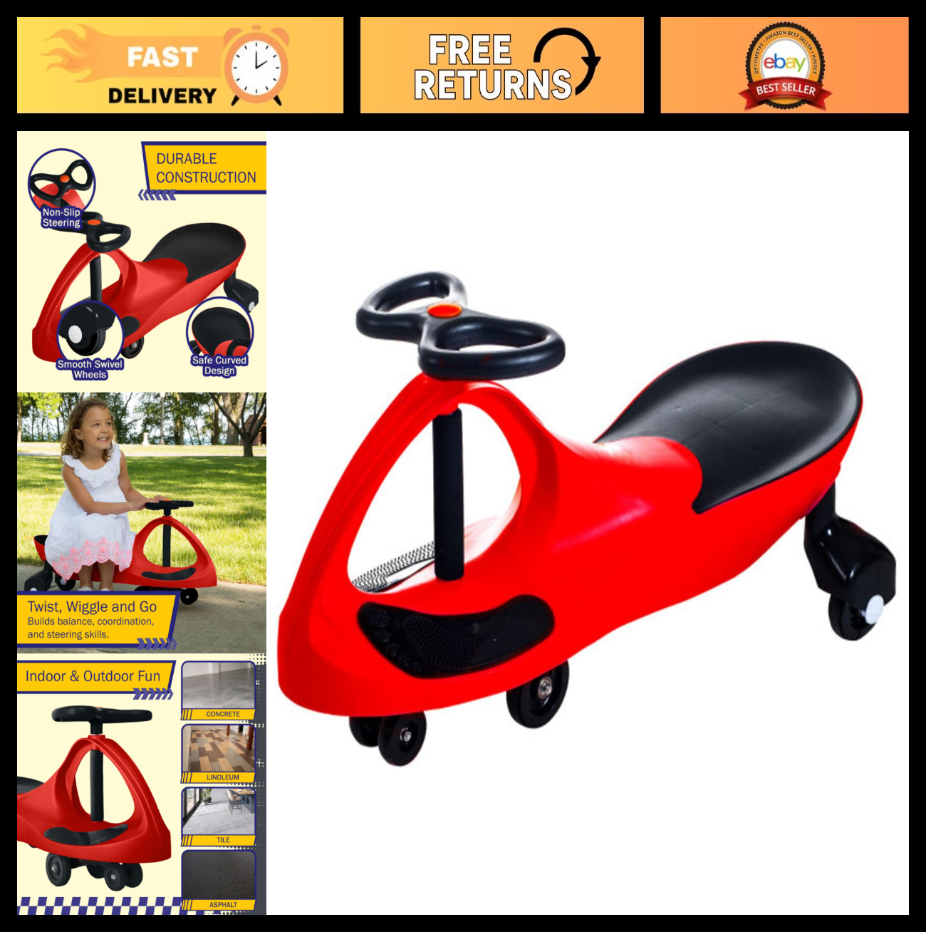 Wiggle Car Ride-On Toy for Kids 3+, Fun Red Push Car for Outdoor Play0
