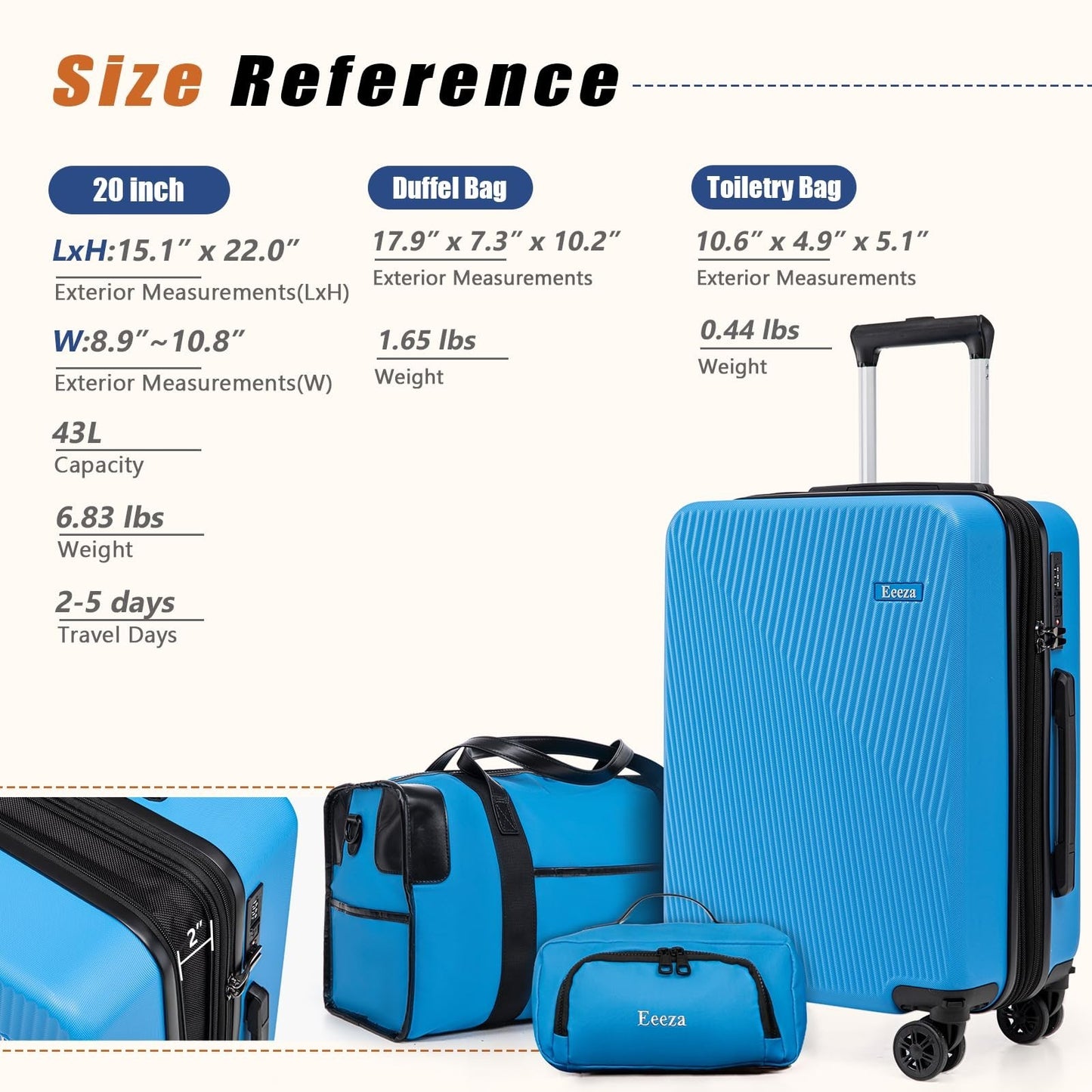 3-Piece Hardcase Carry-On Luggage Set - 20" Blue, Scratch Resistant, Ergonomic H8