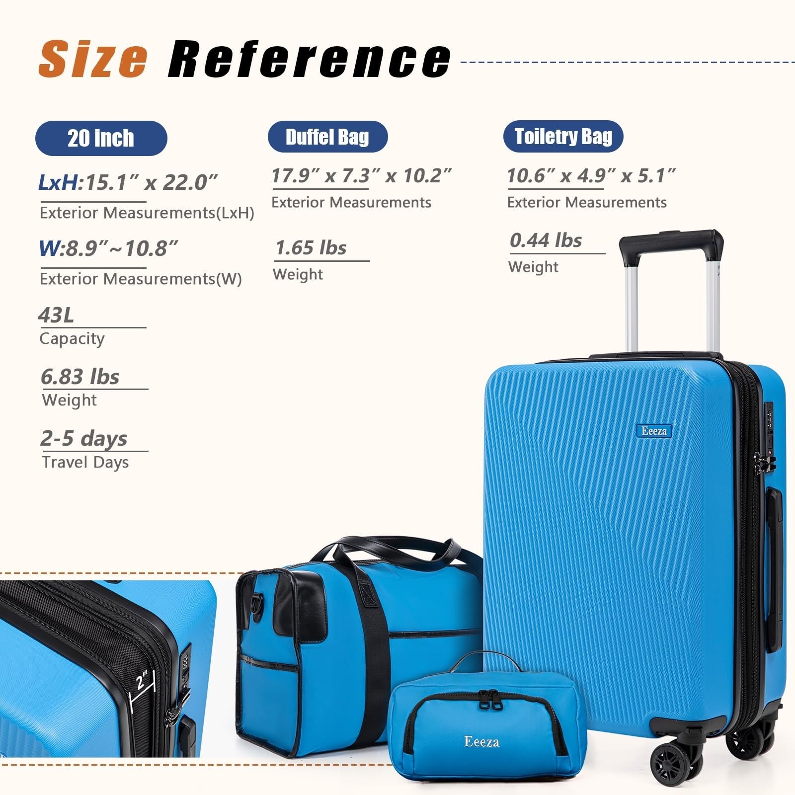 3-Piece Hardcase Carry-On Luggage Set - 20" Blue, Scratch Resistant, Ergonomic H8