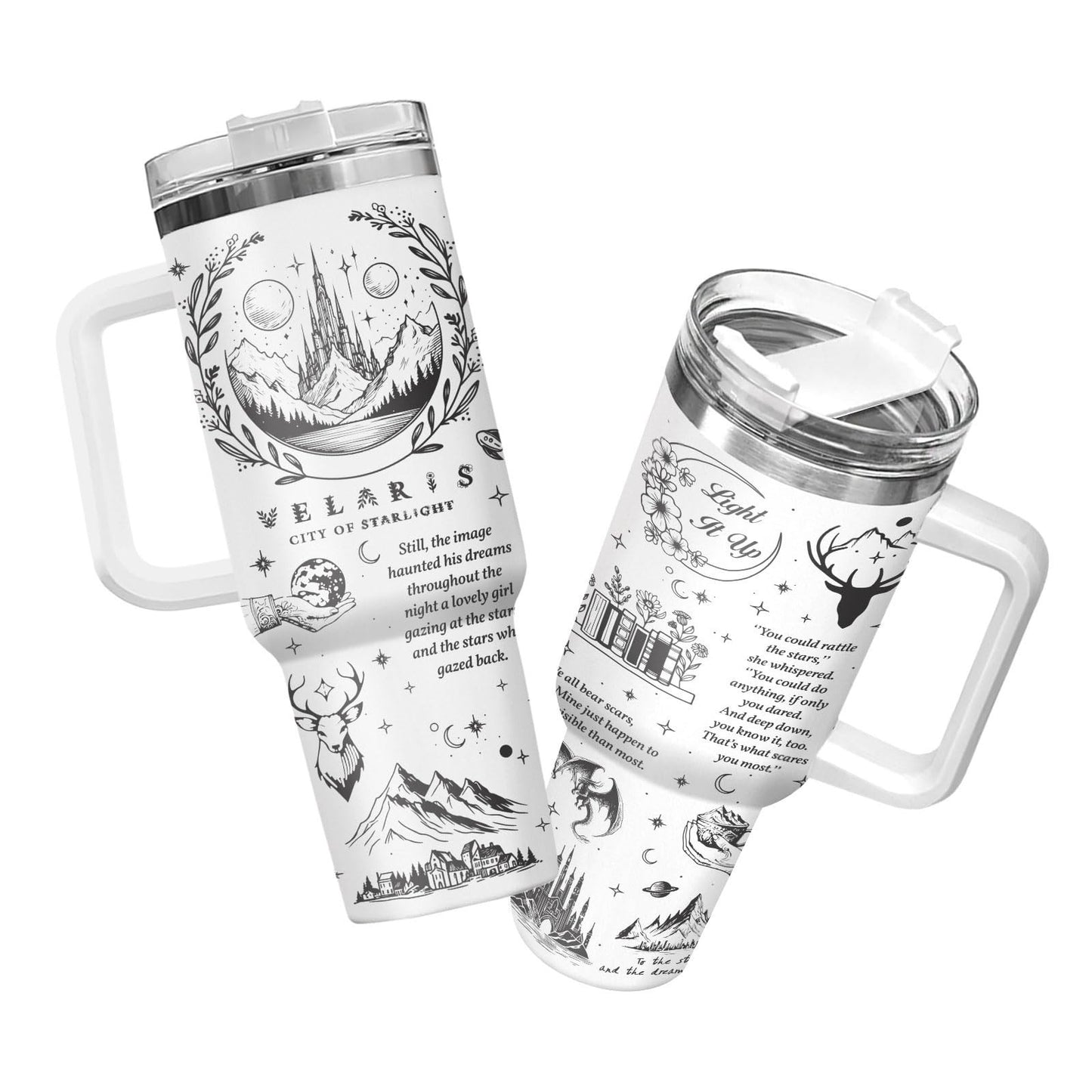 40oz Insulated Tumbler with Handle & Straw   Glowing Night Sky, Mountains, Deer1