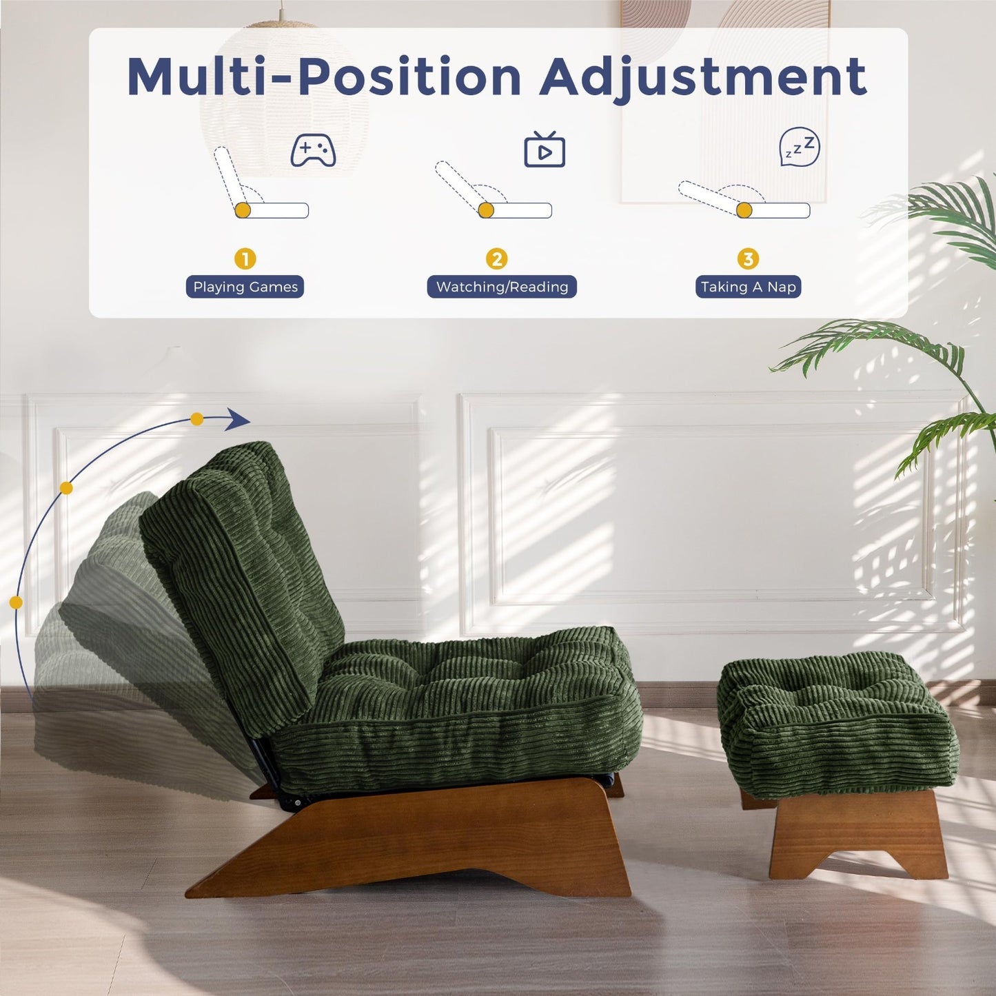 Cozy Tufted Accent Chair with Ottoman, Adjustable Backrest, Modern Recliner for3