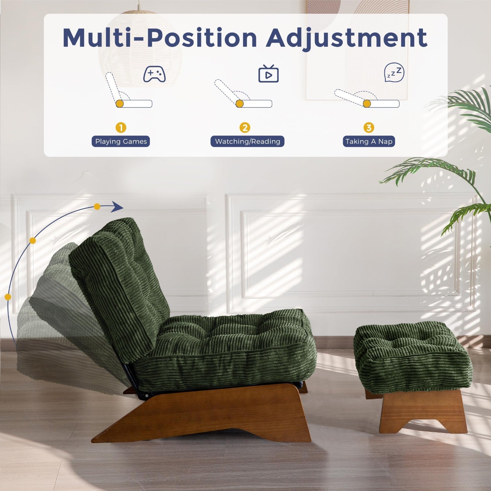 Cozy Tufted Accent Chair with Ottoman, Adjustable Backrest, Modern Recliner for3