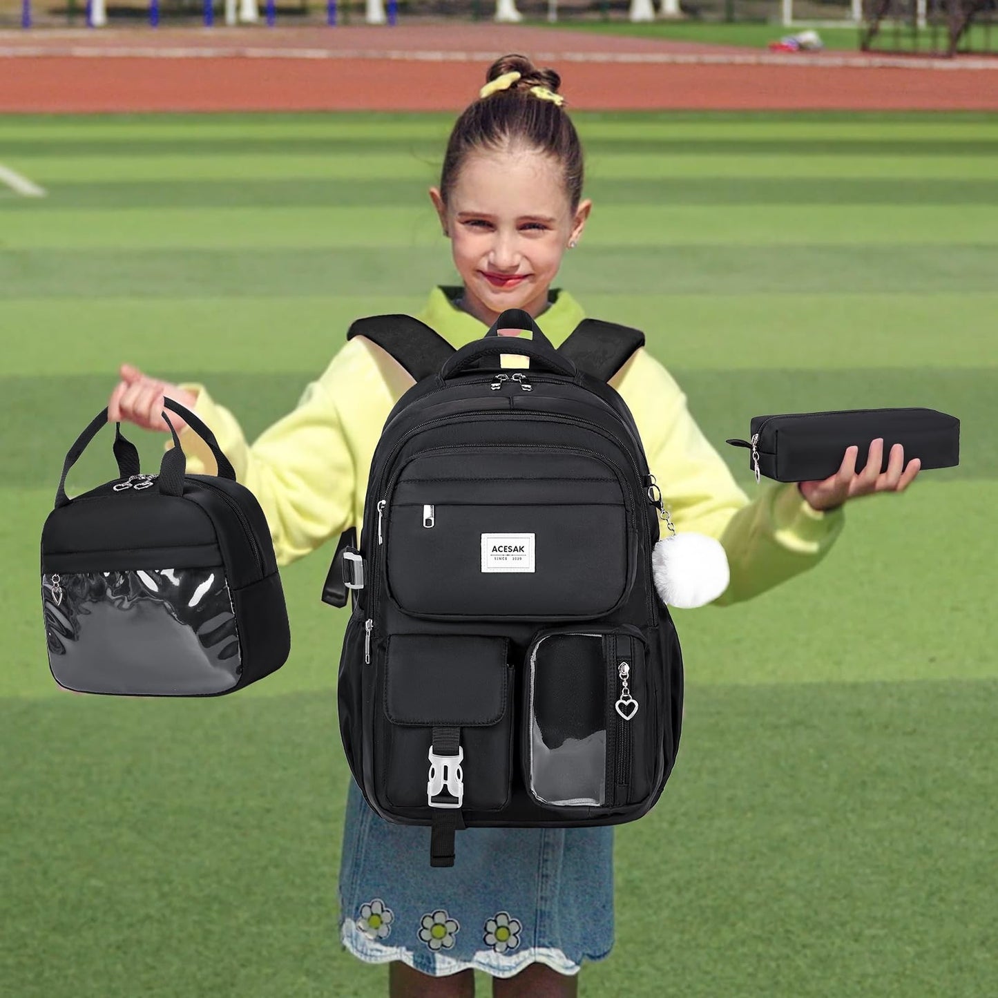 Stylish Girls Backpack with Lunch Bag & Pencil Pouch   Teen Laptop Bookbag, Blac2
