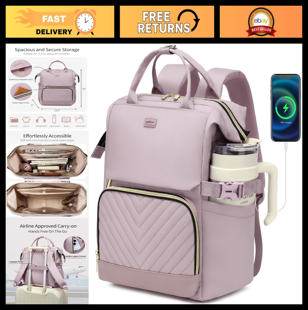 Stylish Laptop Backpack for Women   College Bookbag with USB Charger & Cup Holde0