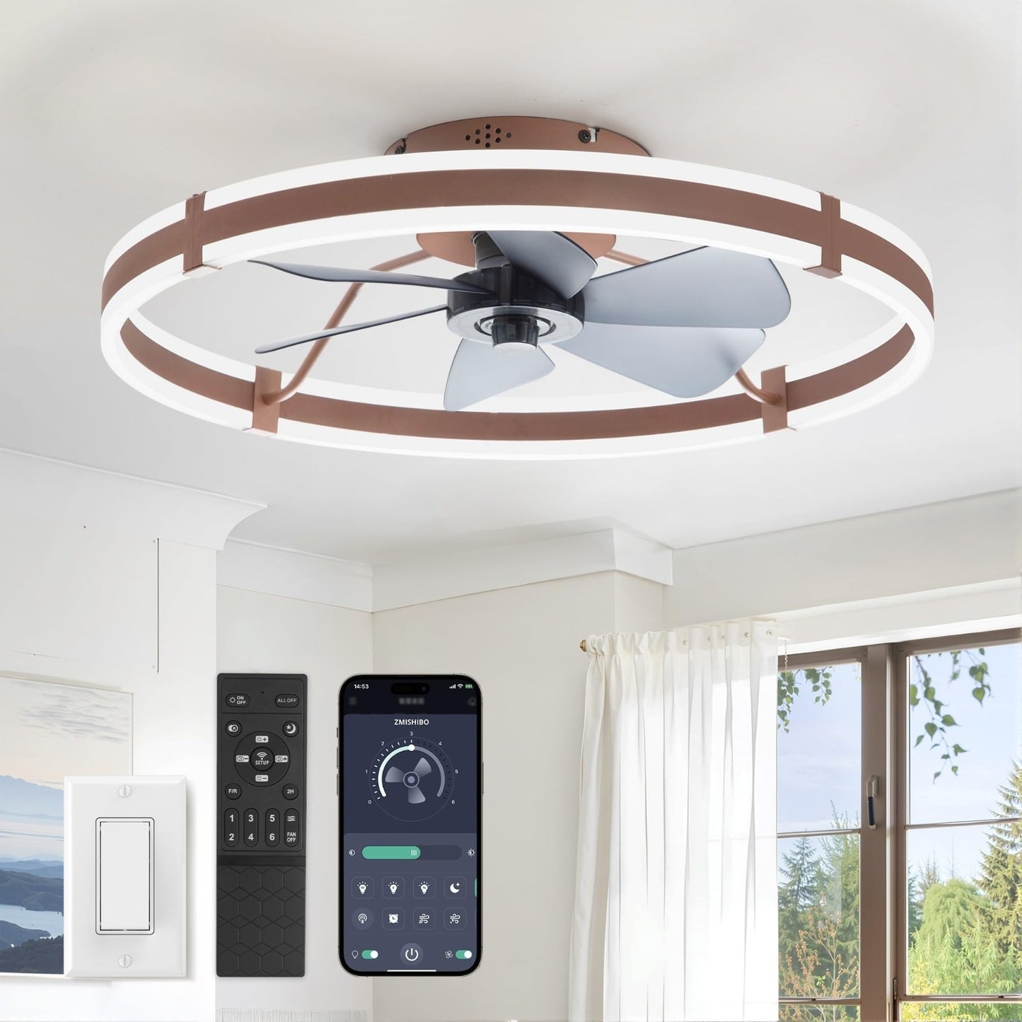 Low Profile 24" Ceiling Fan with Lights & Remote   Dimmable LED, Quiet Motor, Re1