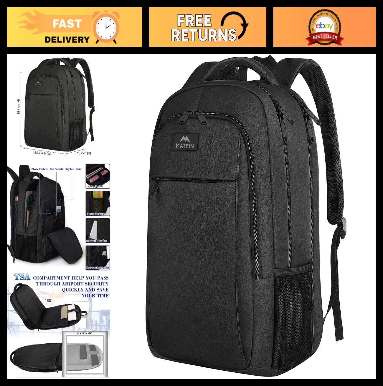 Extra Large 17" TSA Friendly Travel Laptop Backpack, Water Resistant, Multi Comp0