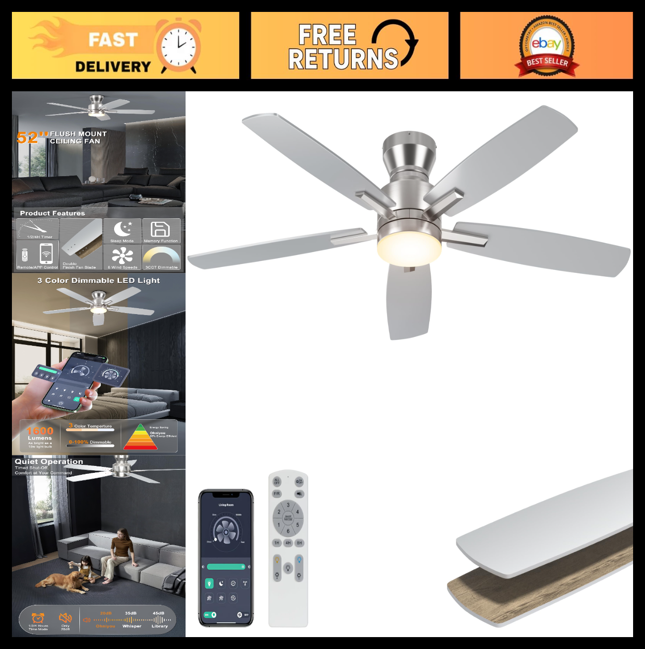 52" Silver Low Profile Ceiling Fan with Lights, Remote/APP Control, Dimmable LED0