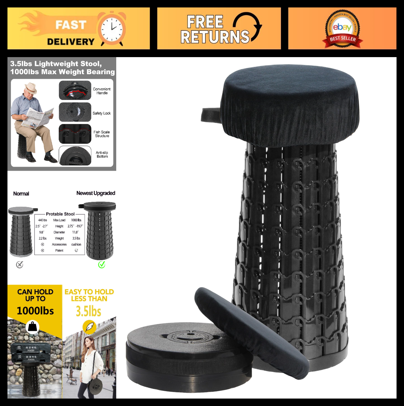 Portable Collapsible Stool with Thick Cushion - Heavy Duty 1000lbs Capacity for0